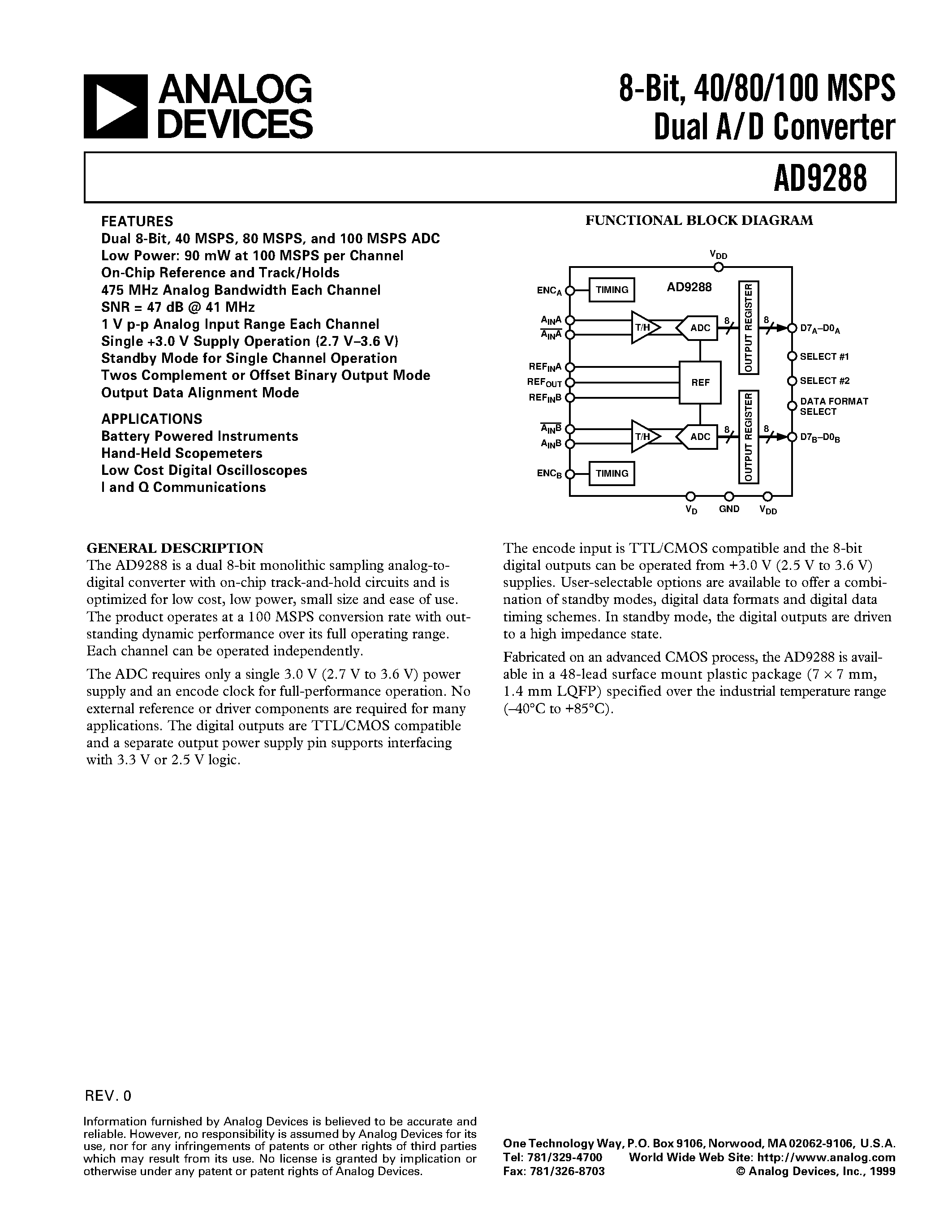 Datasheet AD9288 - 8-Bit/ 40/80/100 MSPS Dual A/D Converter page 1