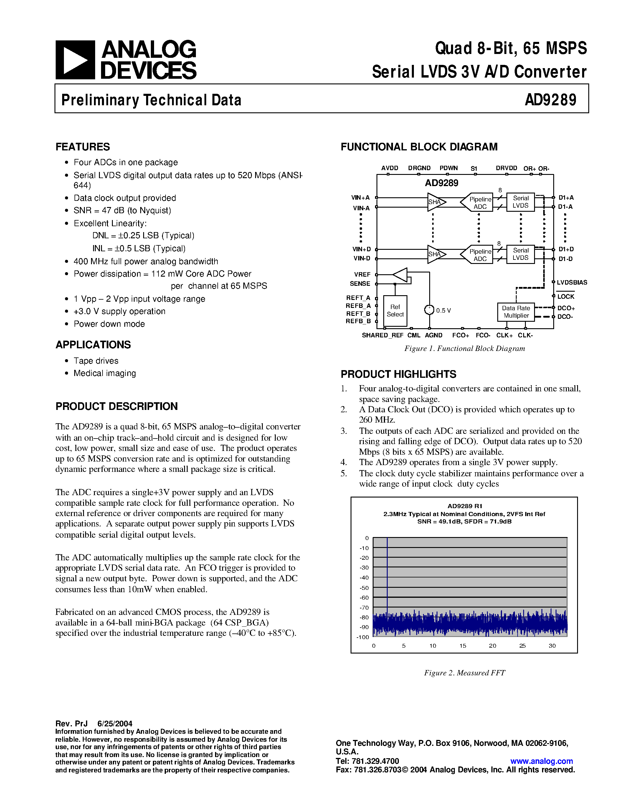 Datasheet AD9289 - Quad 8-Bit/ 65 MSPS Serial LVDS 3V A/D Converter page 1