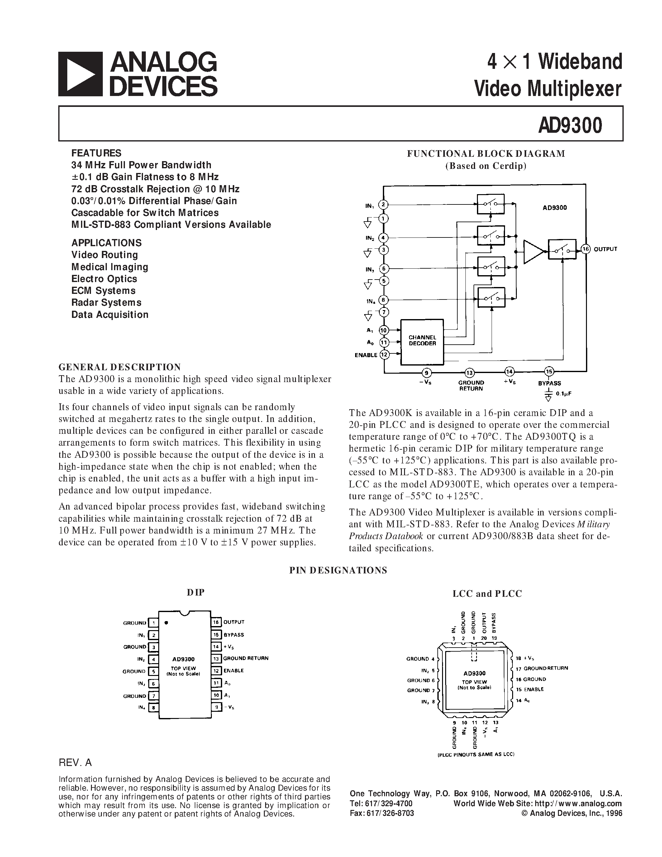 Datasheet AD9300 - 4 x 1 Wideband Video Multiplexer page 1