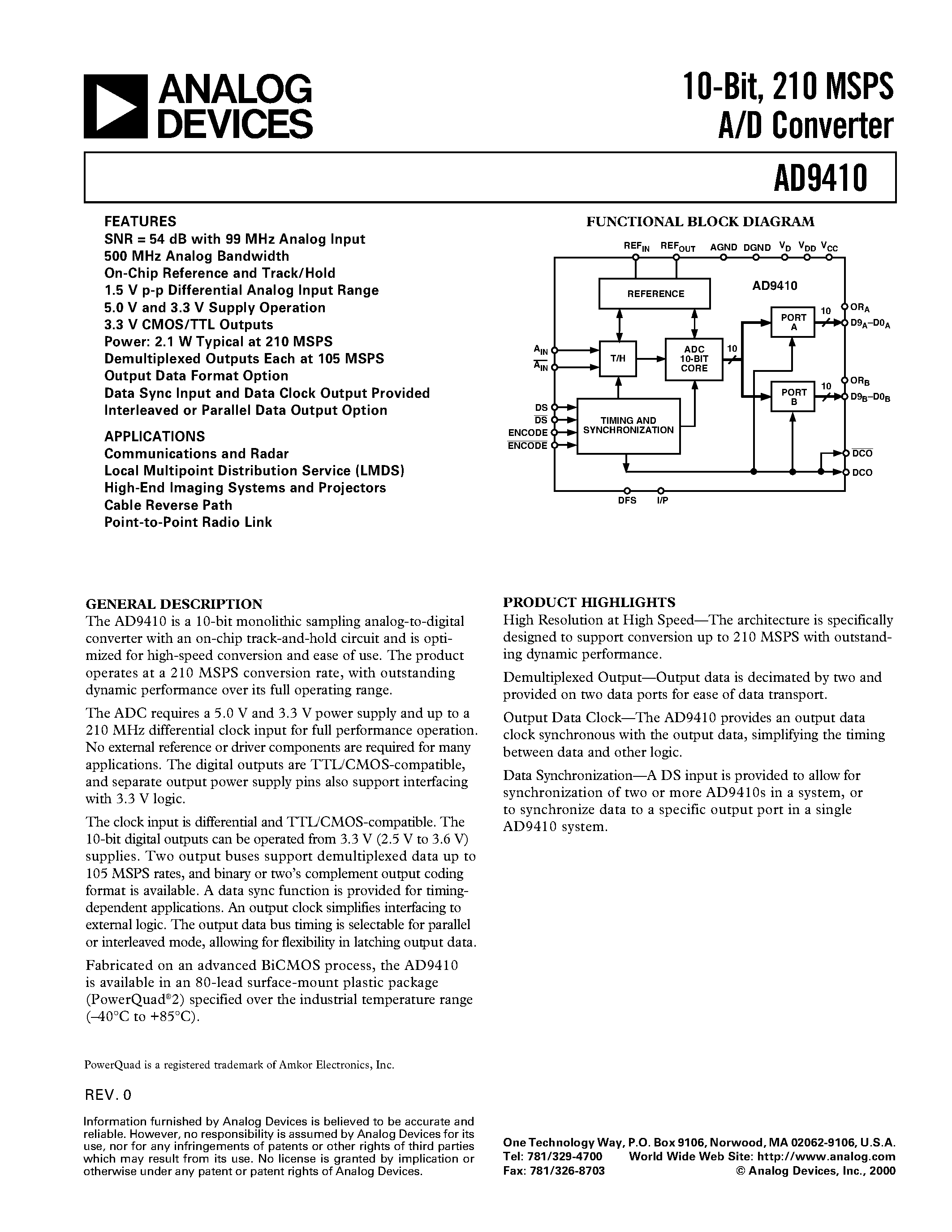 Datasheet AD9410 - 10-Bit/ 210 MSPS A/D Converter page 1