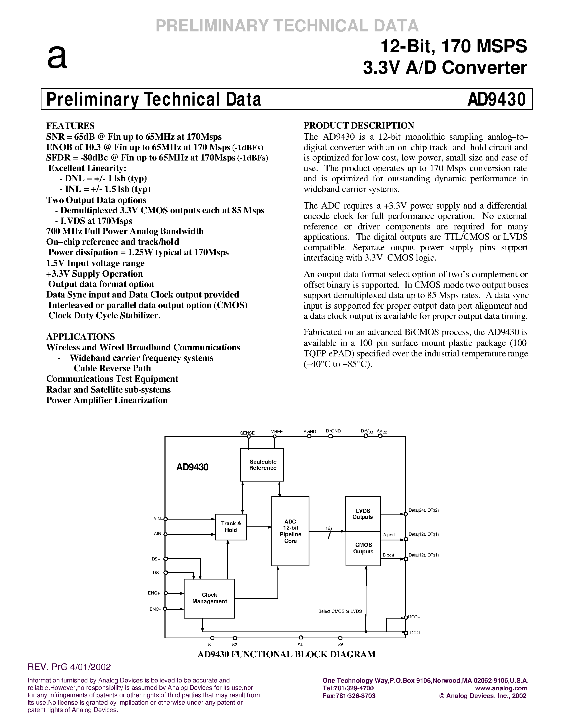 Datasheet AD9430 - 12-Bit/ 170 MSPS 3.3V A/D Converter page 1