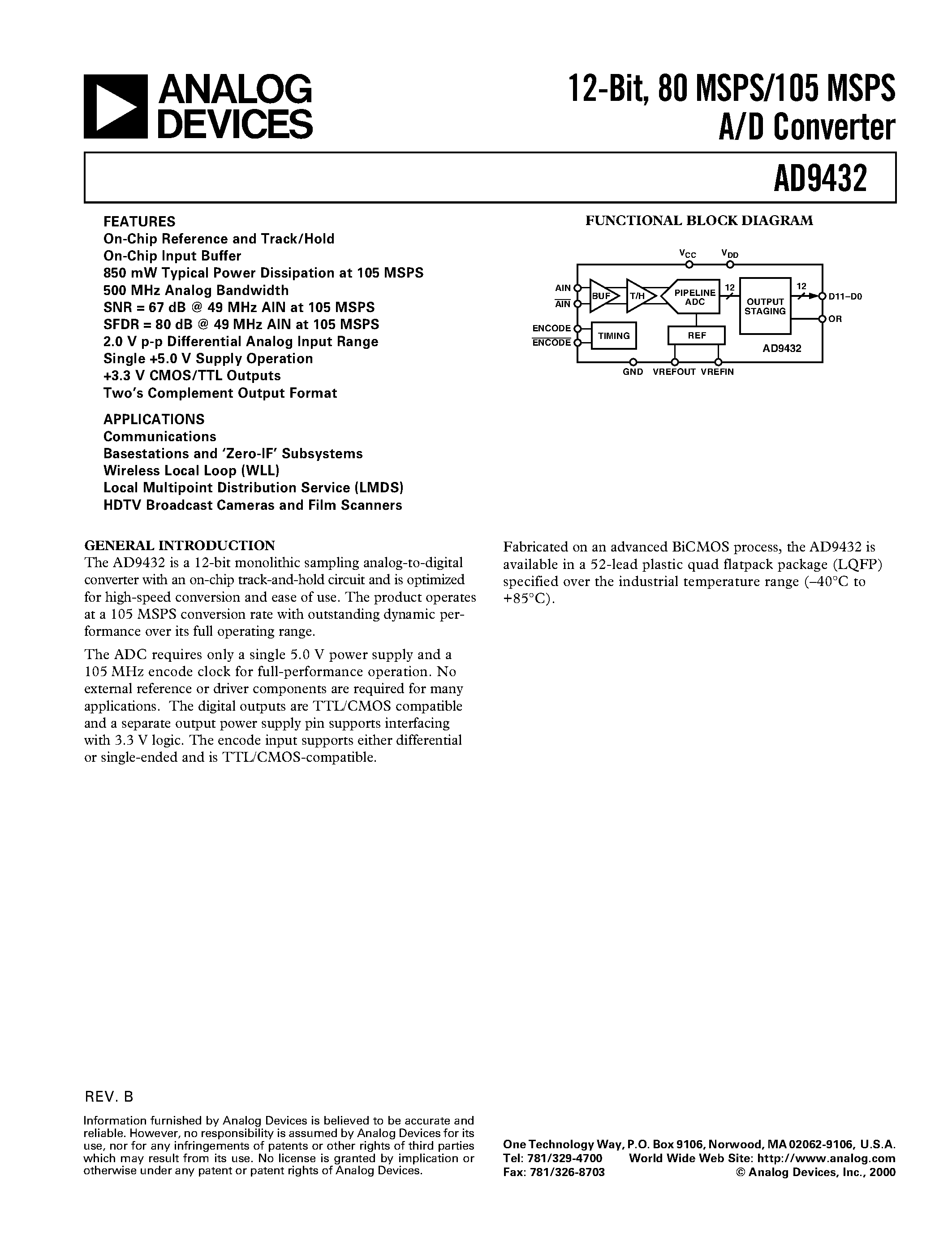 Datasheet AD9432/PCB - 12-Bit/ 80 MSPS/105 MSPS A/D Converter page 1