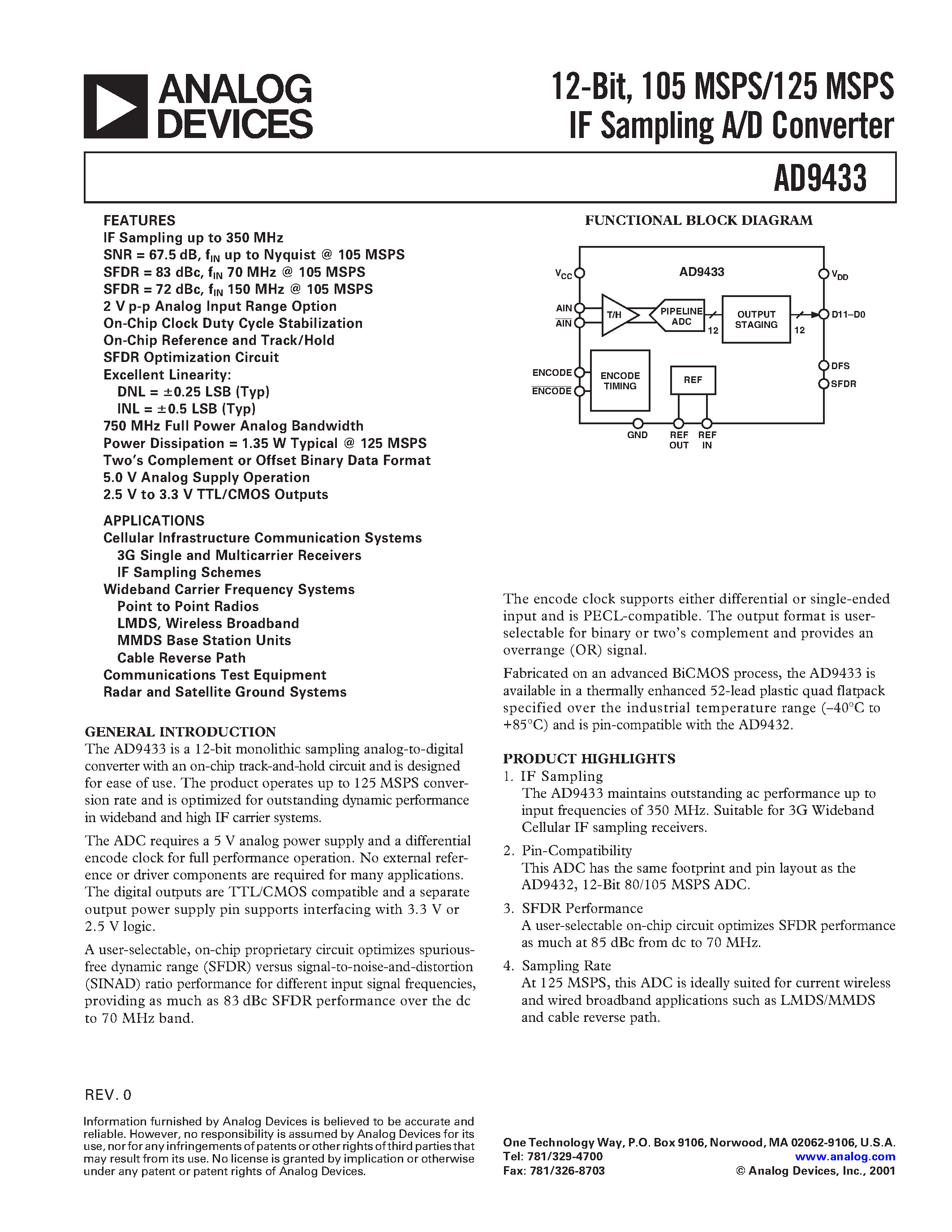 Datasheet AD9433 - 12-Bit/ 105 MSPS/125 MSPS IF Sampling A/D Converter page 1