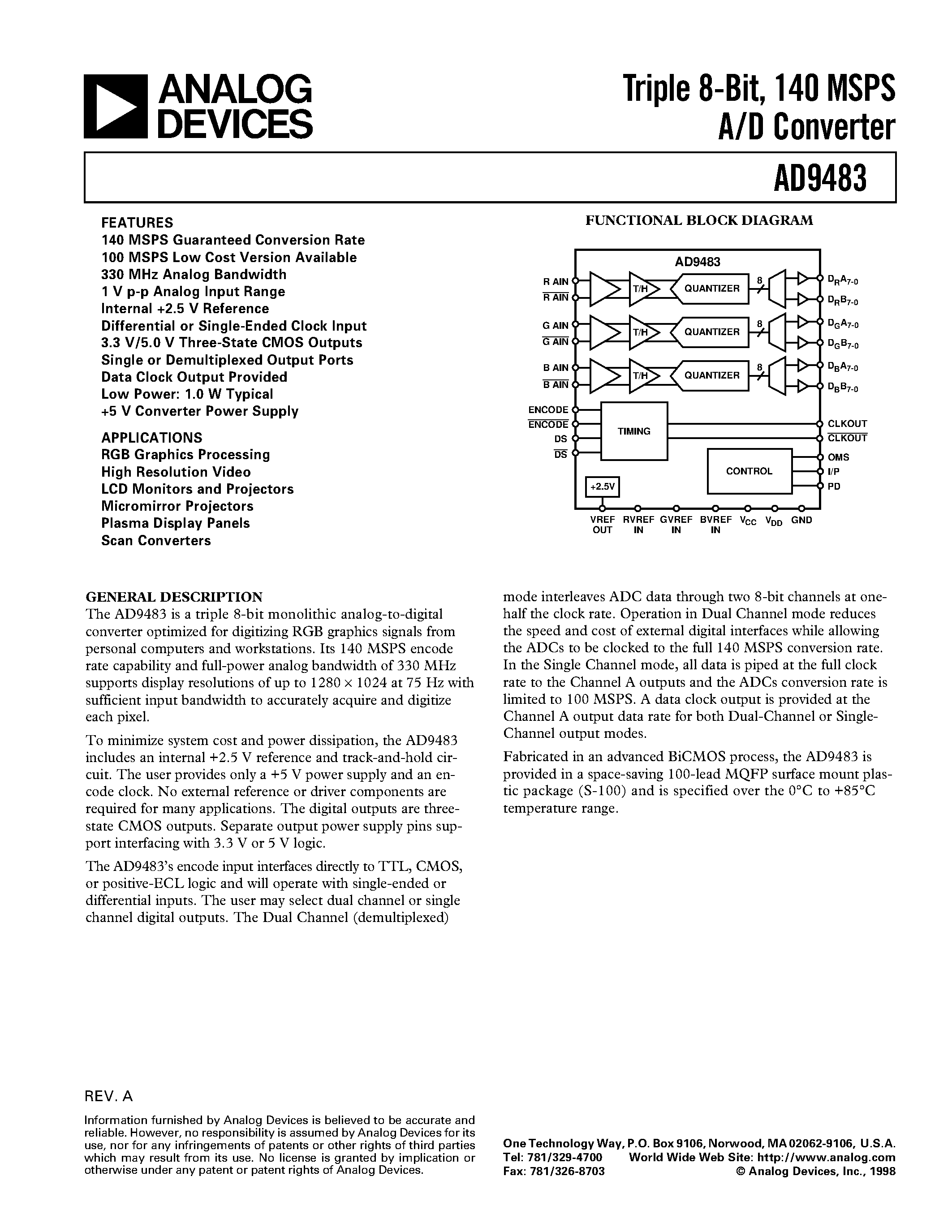 Datasheet AD9483KS-100 - Triple 8-Bit/ 140 MSPS A/D Converter page 1