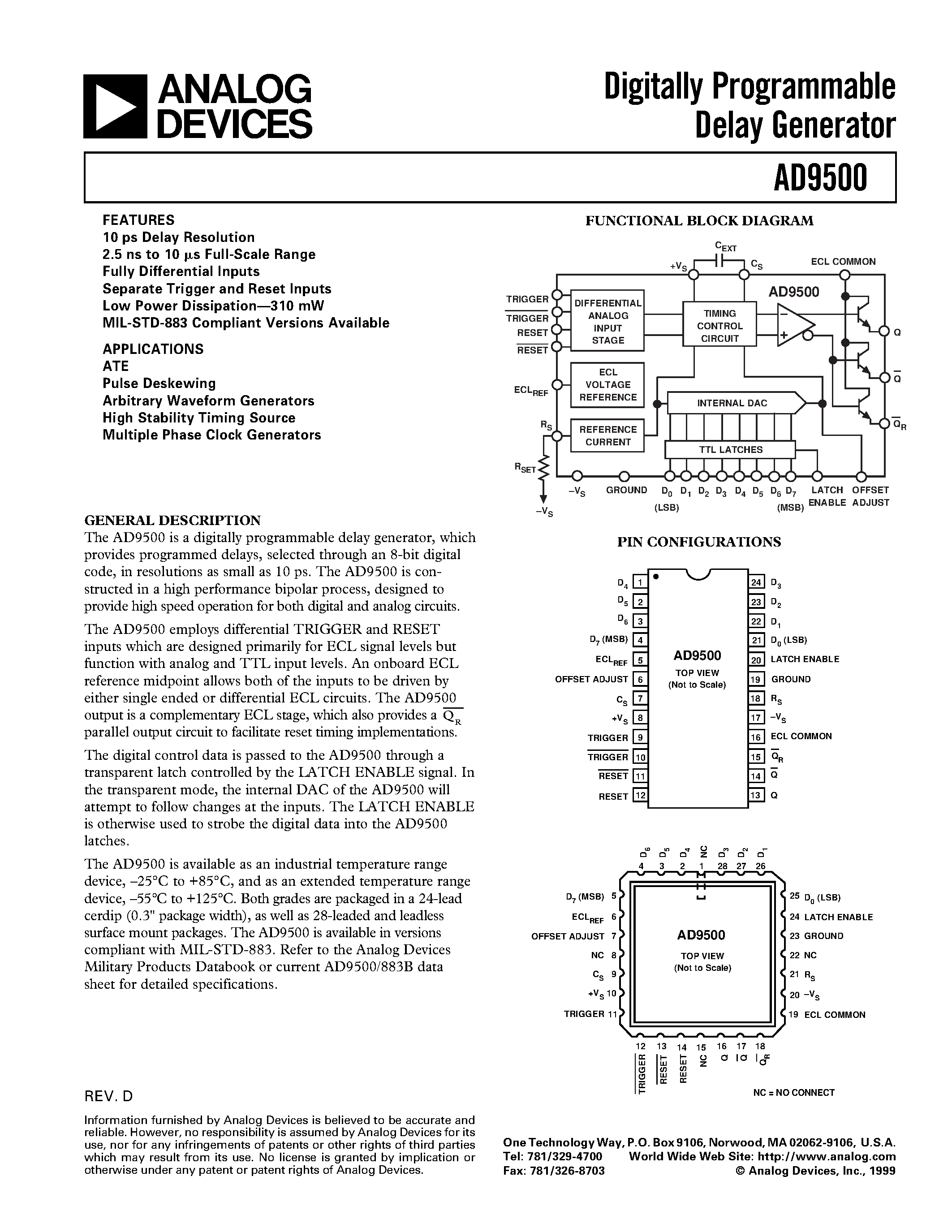 Datasheet AD9500 - Digitally Programmable Delay Generator page 1