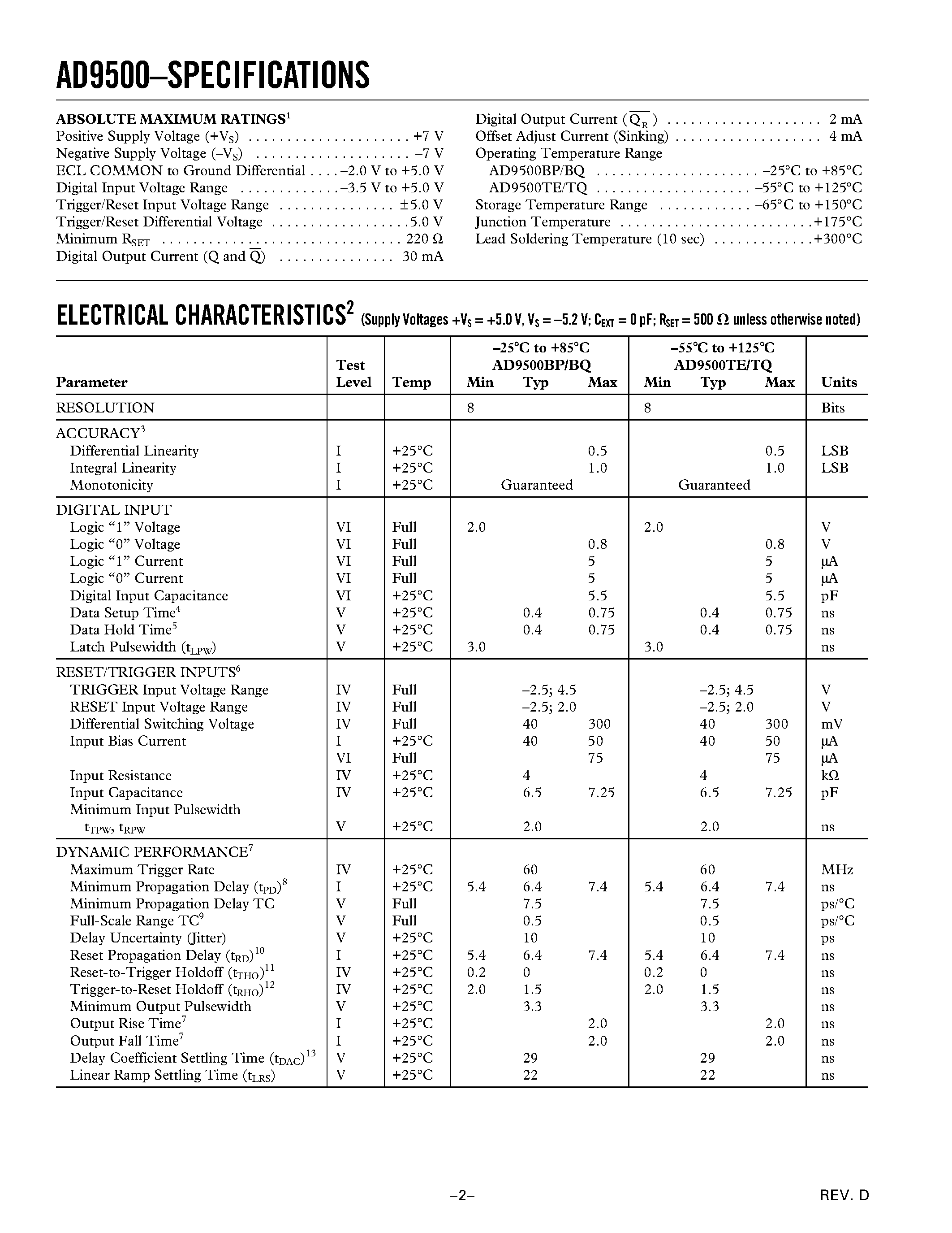 Datasheet AD9500 - Digitally Programmable Delay Generator page 2