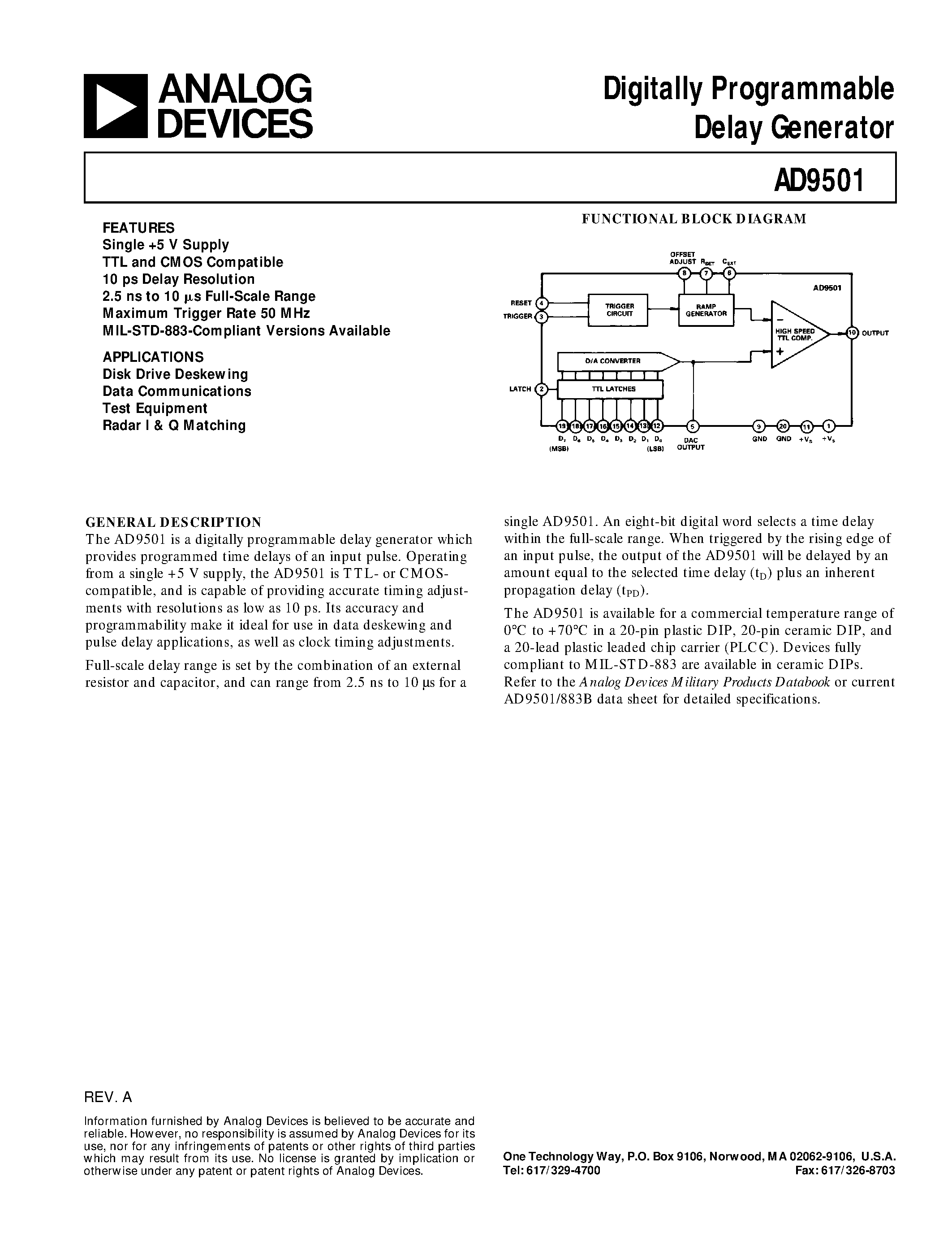 Datasheet AD9501 - Digitally Programmable Delay Generator page 1