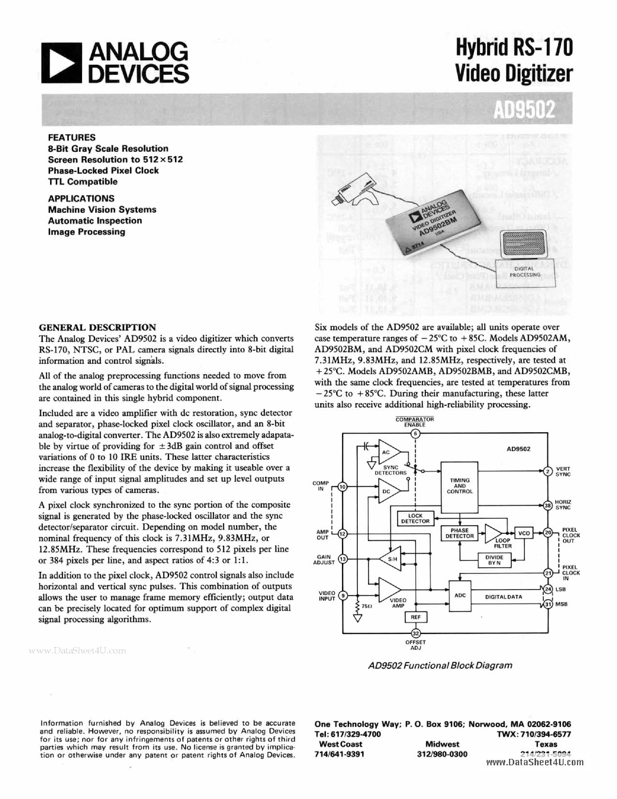 Datasheet AD9502 - Hybrid RS-170 Video Digitizer page 1