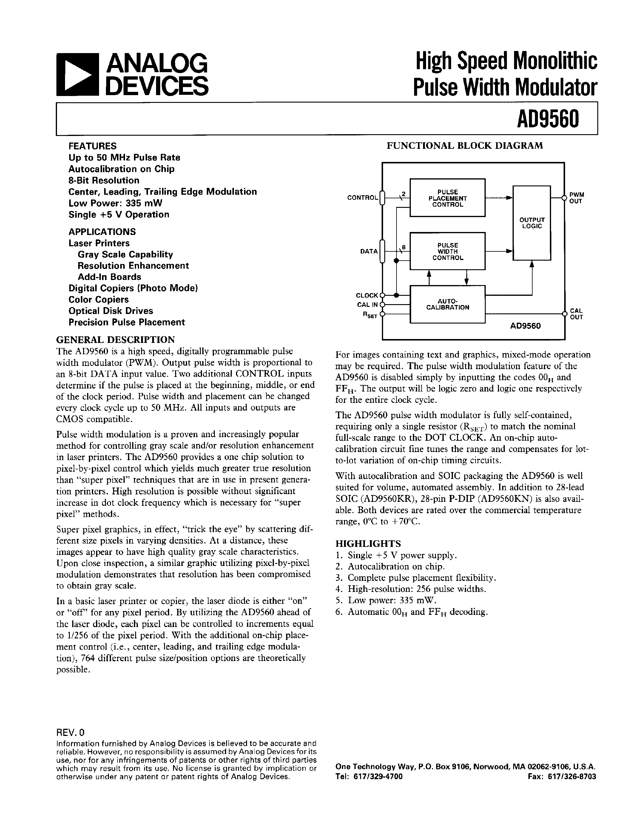 Datasheet AD9560 - High Speed Monolithic Pulse Width Modulator page 1