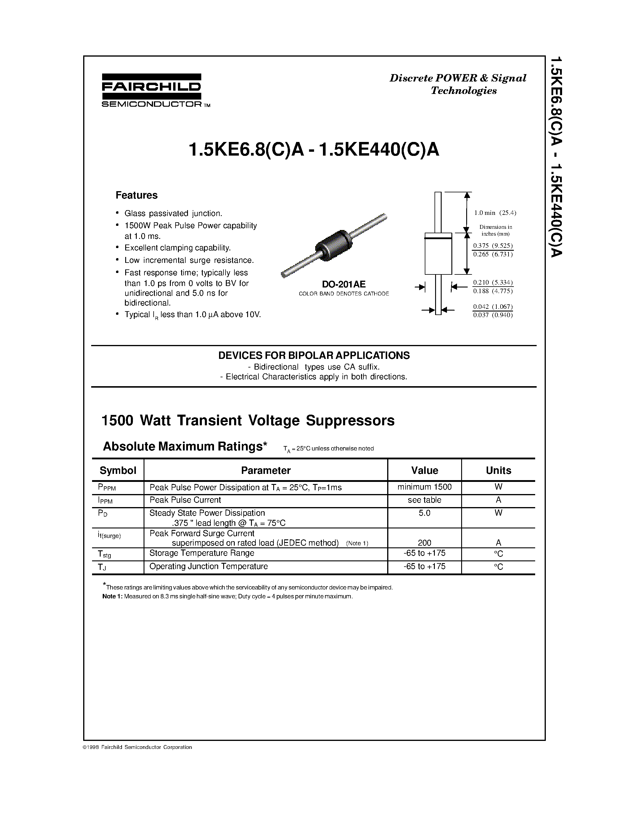 Даташит 1.5KE110(C)A - Discrete POWER & Signal Technologies страница 1