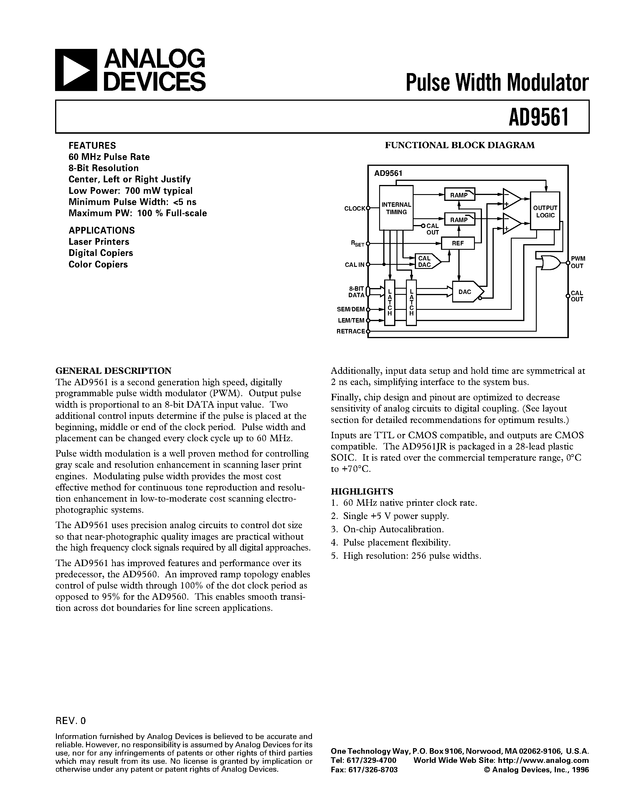 Datasheet AD9561JR - Pulse Width Modulator page 1