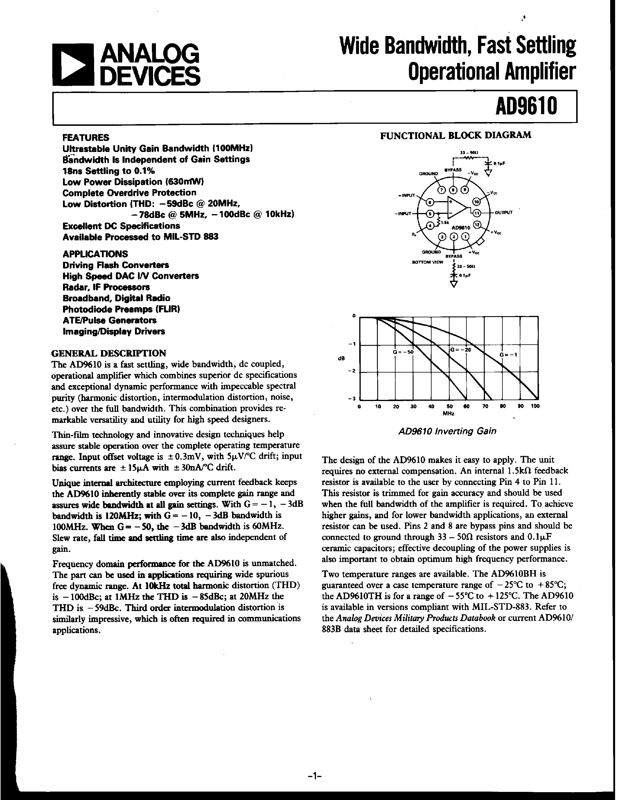 Datasheet AD9610 - Wide Bandwidth/ Fast Settling Operational Amplifier page 1