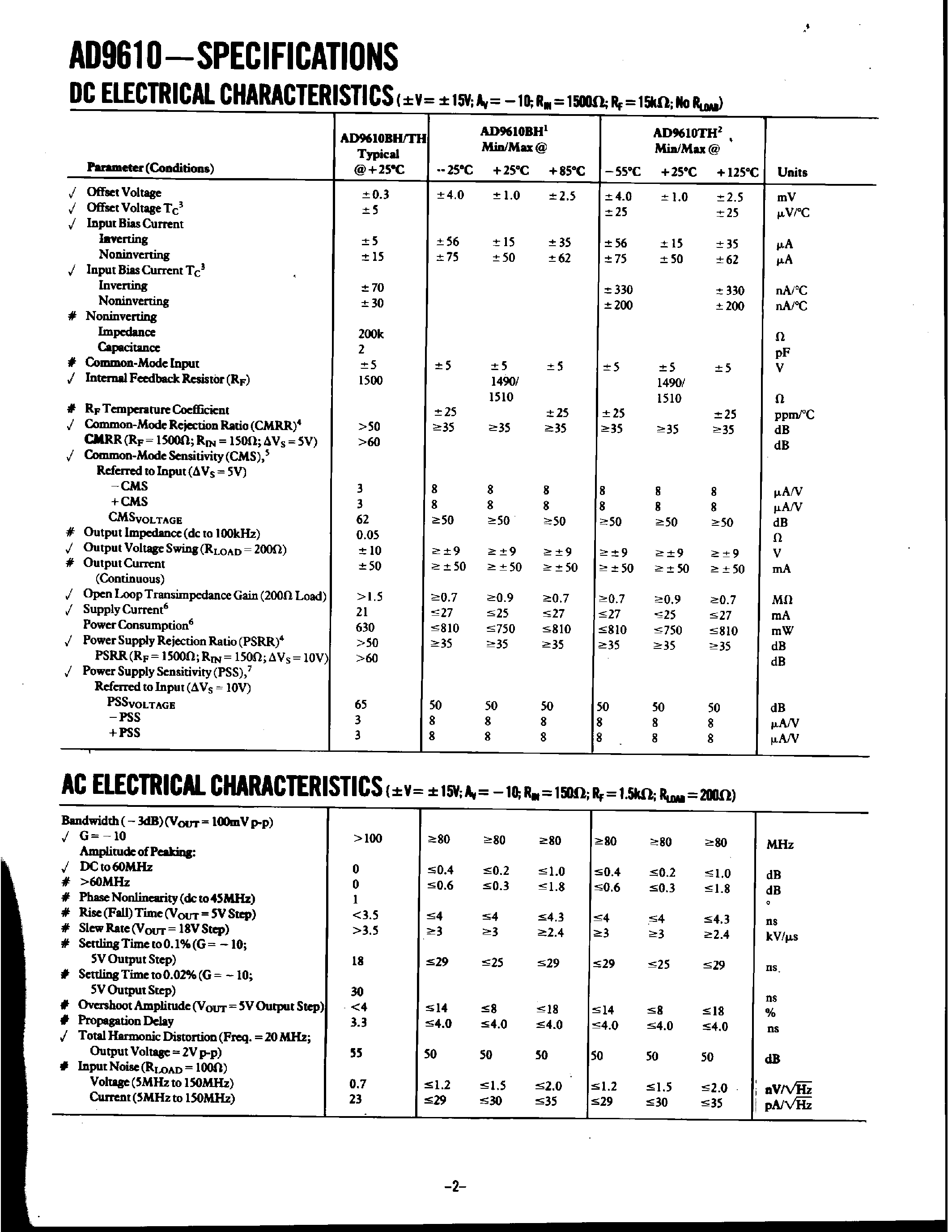 Datasheet AD9610 - Wide Bandwidth/ Fast Settling Operational Amplifier page 2