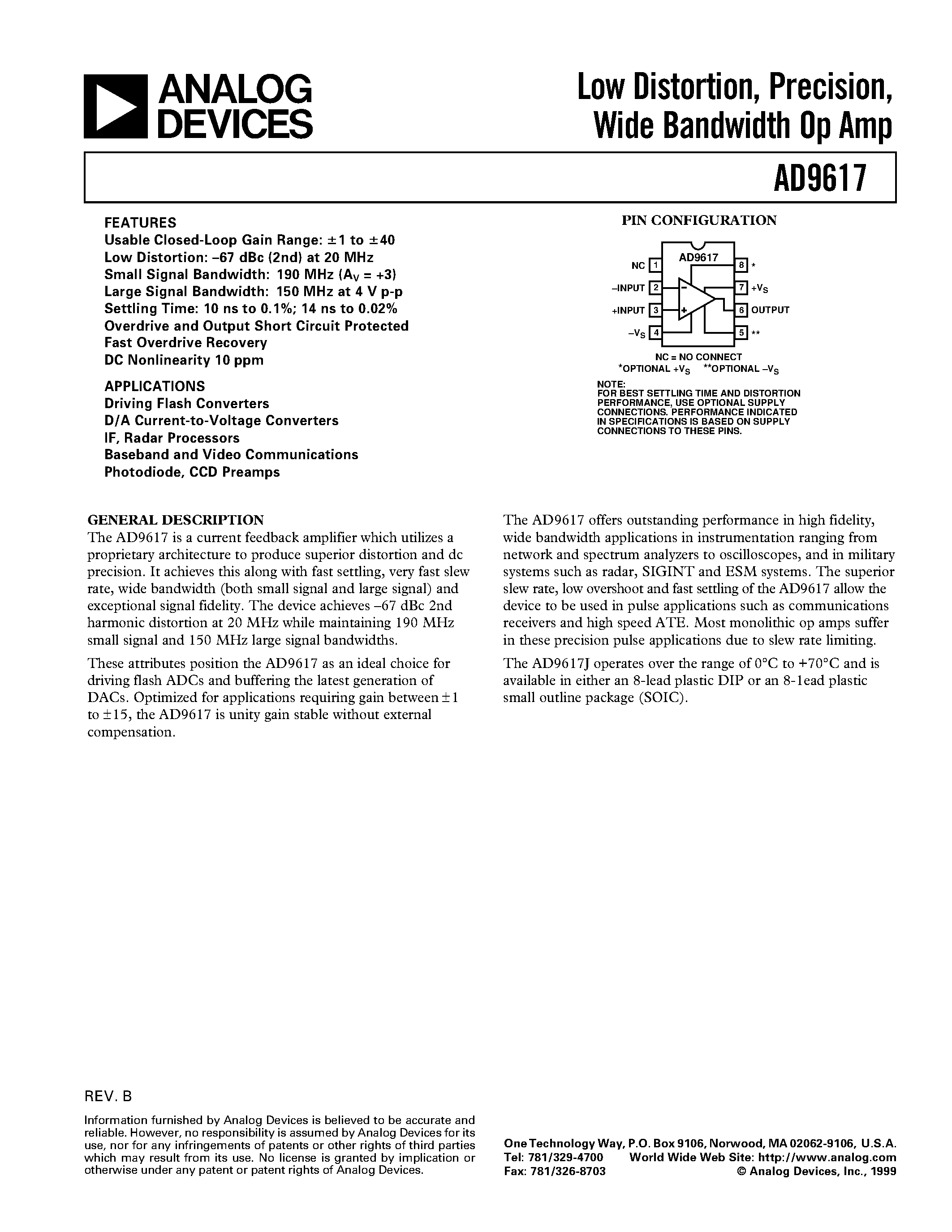 Datasheet AD9617 - Low Distortion/ Precision/ Wide Bandwidth Op Amp page 1