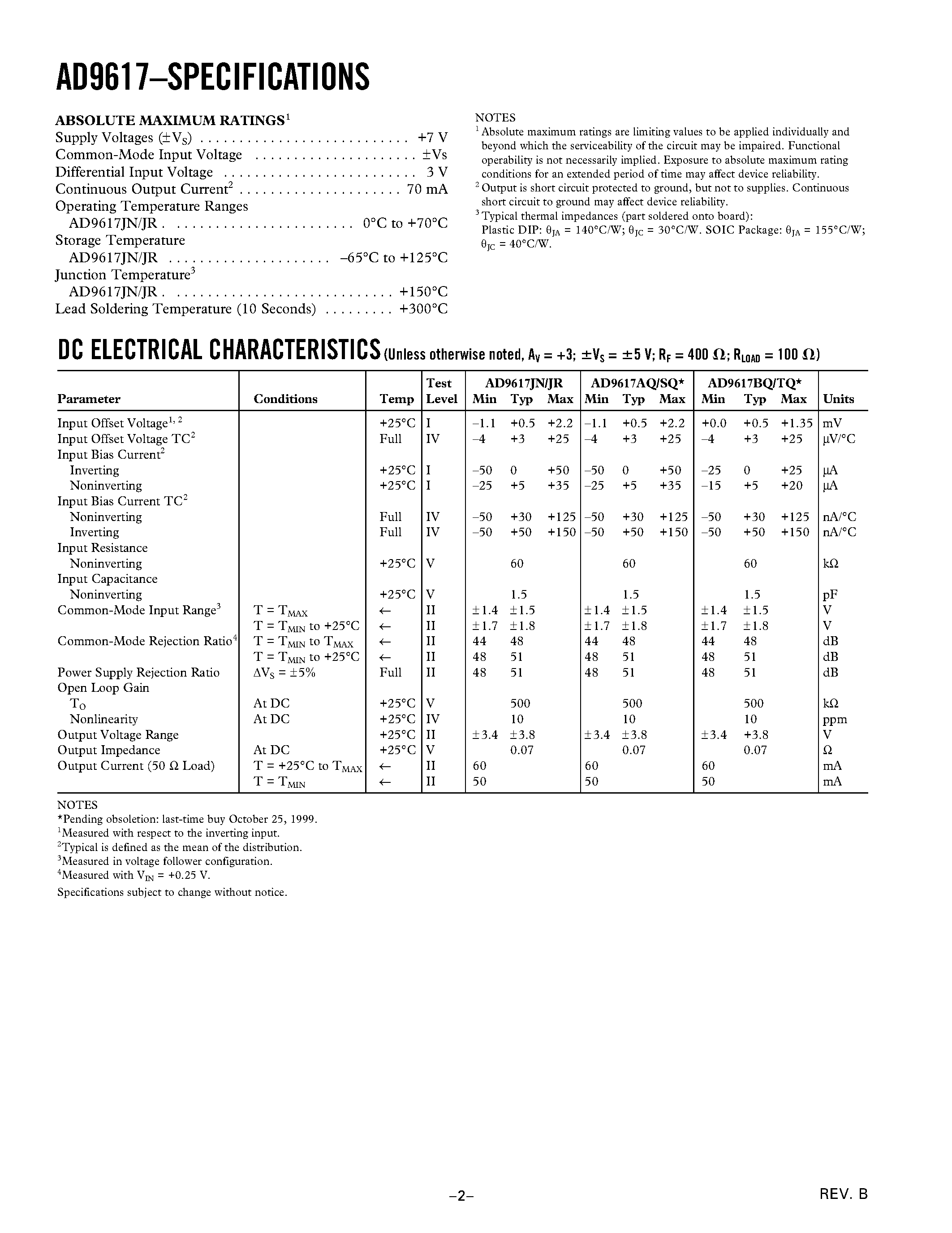 Datasheet AD9617 - Low Distortion/ Precision/ Wide Bandwidth Op Amp page 2