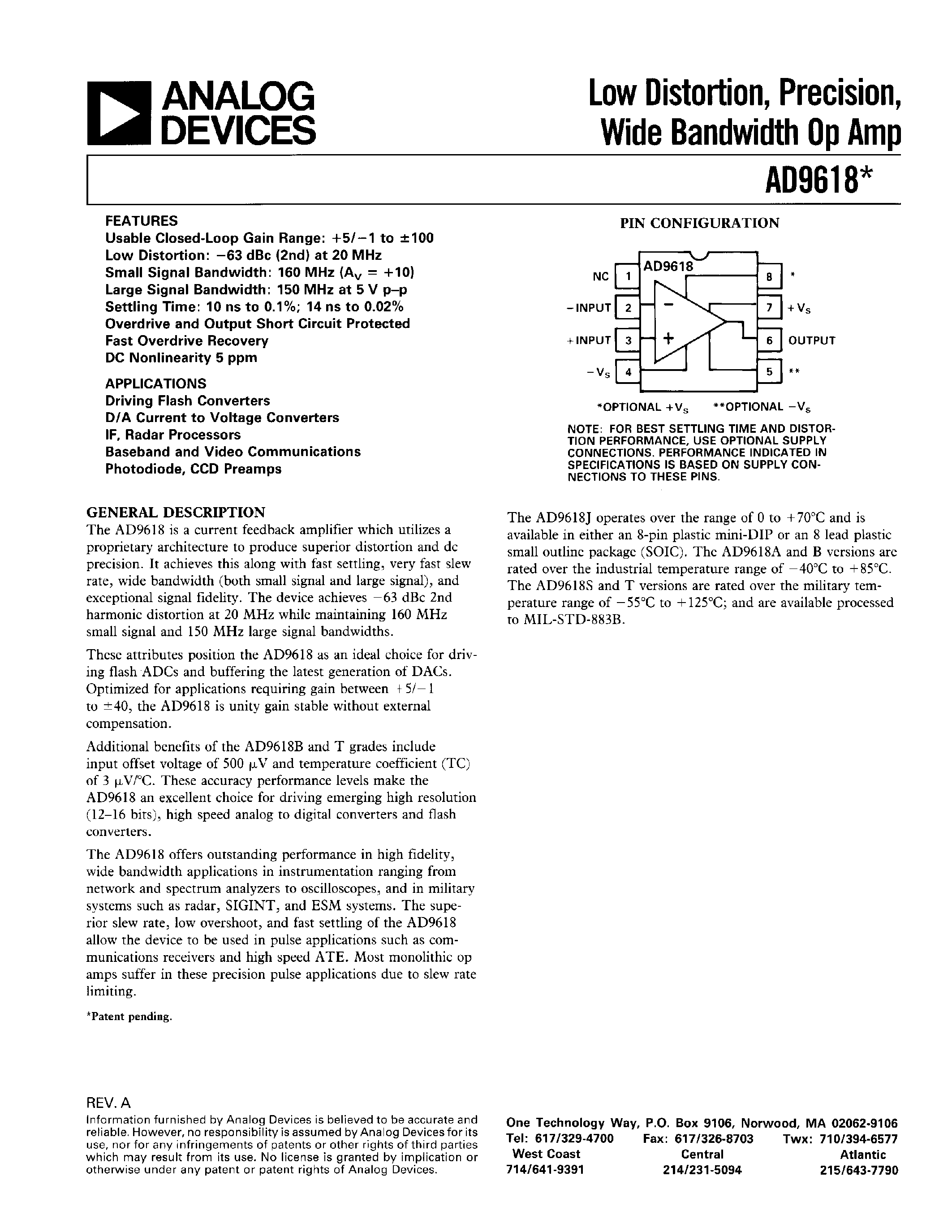 Datasheet AD9618 - Low Distortion/ Precision/ Wide Bandwidth Op Amp page 1