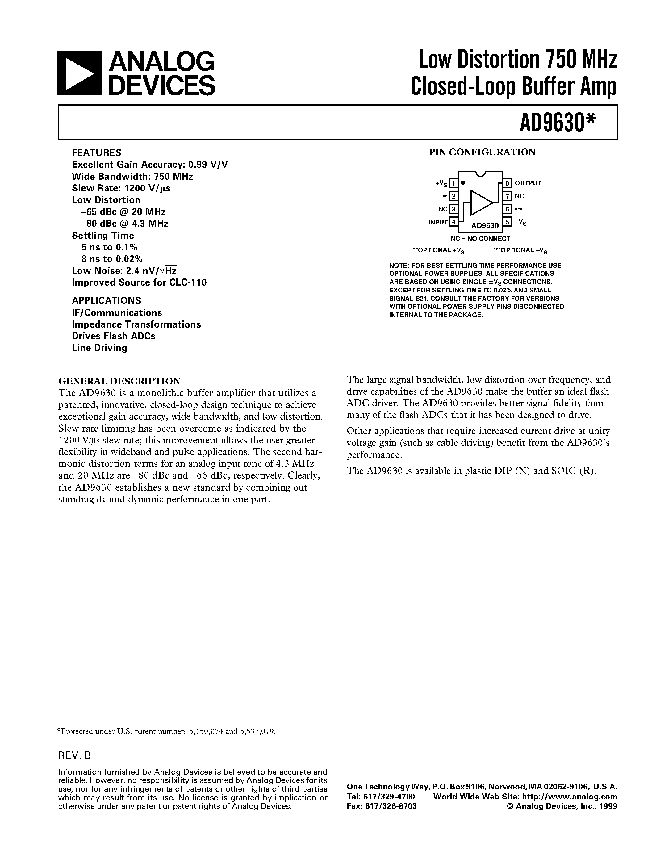 Datasheet AD9630 - Low Distortion 750 MHz Closed-Loop Buffer Amp page 1