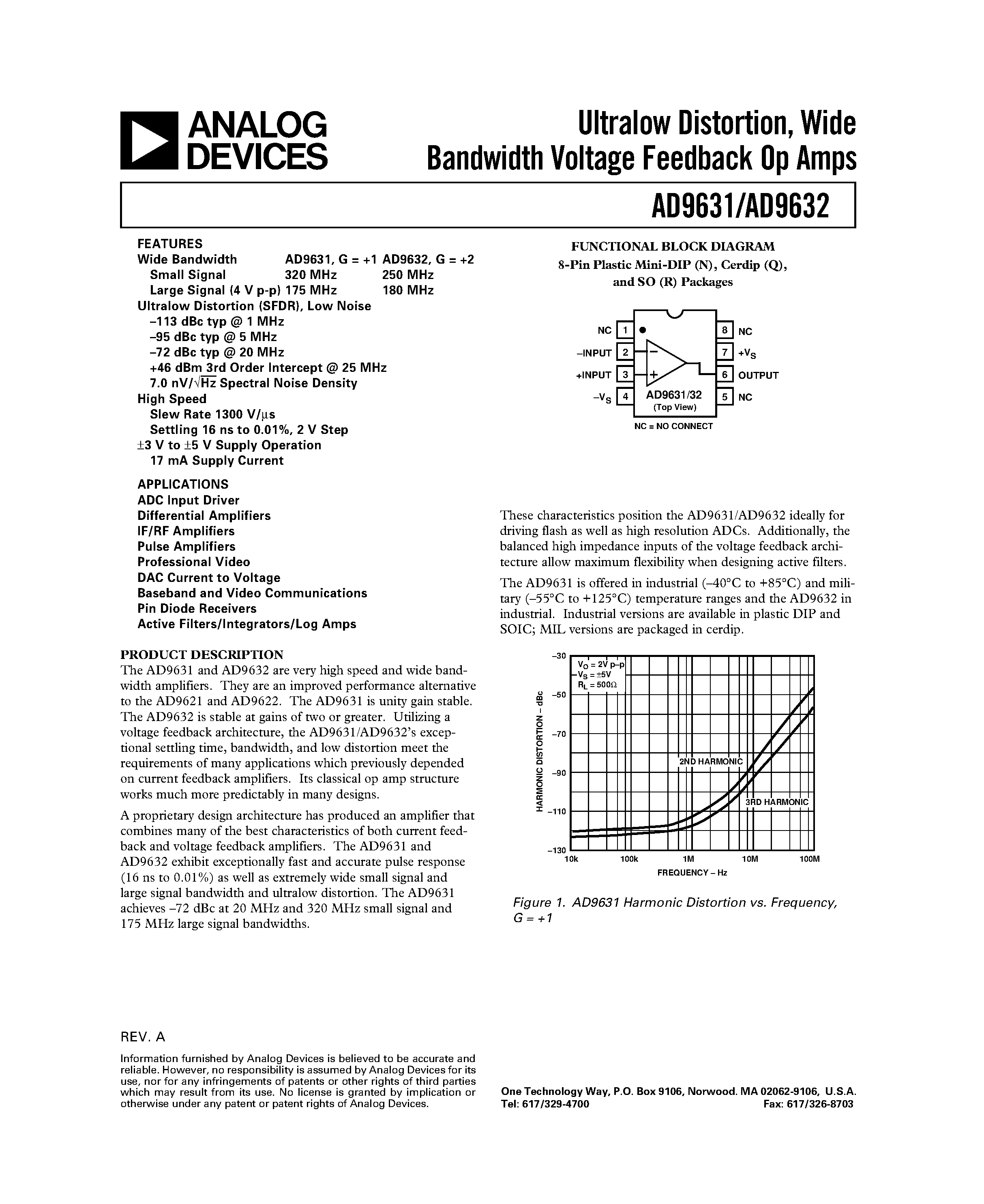 Datasheet AD9631 - Ultralow Distortion/ Wide Bandwidth Voltage Feedback Op Amps page 1