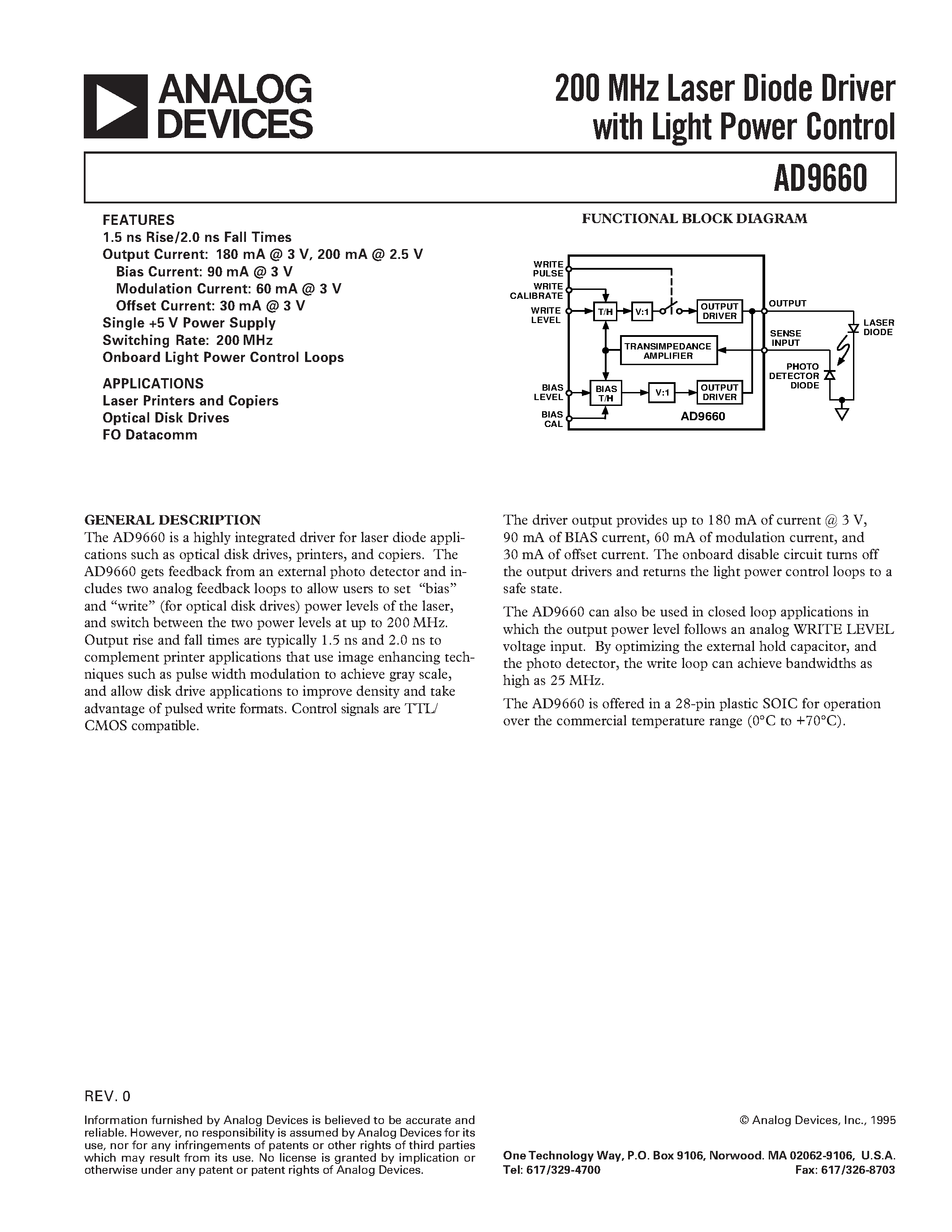 Datasheet AD9660 - 200 MHz Laser Diode Driver with Light Power Control page 1