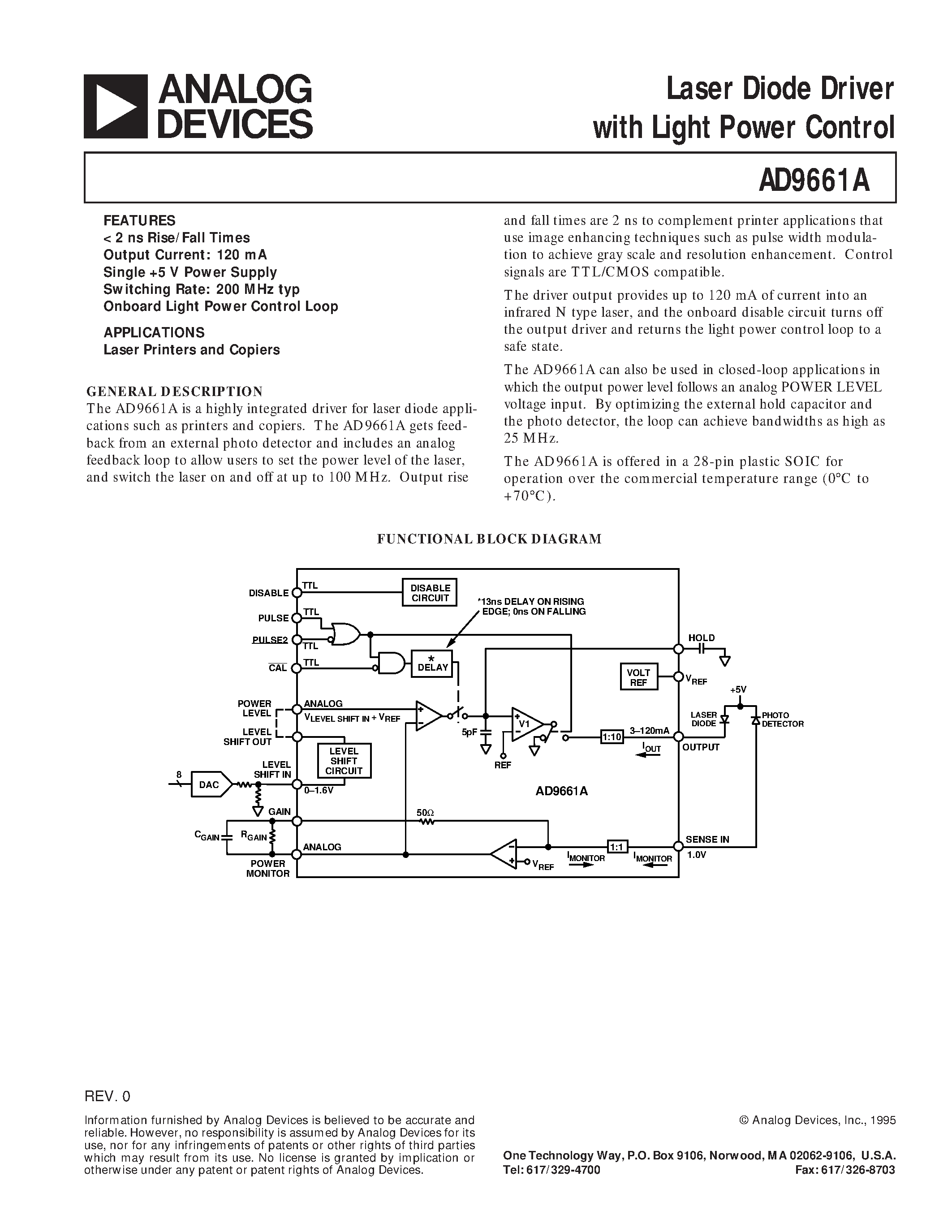 Datasheet AD9661A - Laser Diode Driver with Light Power Control page 1