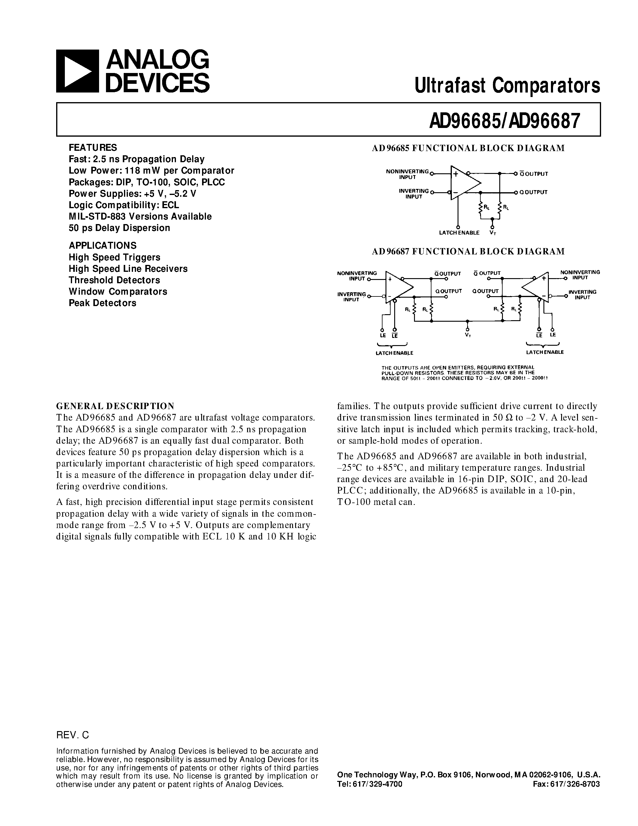 Datasheet AD96685 - Ultrafast Comparators page 1