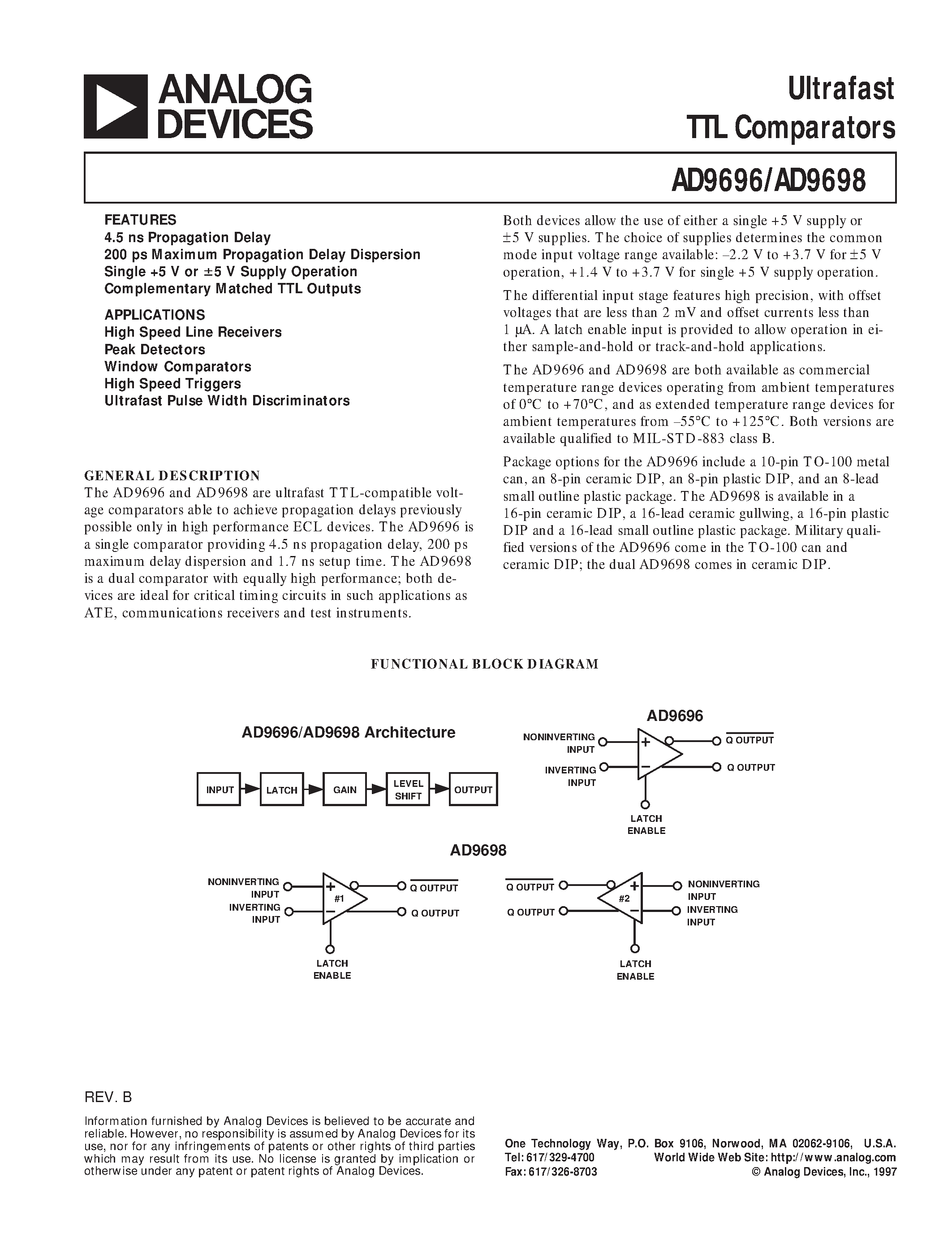 Datasheet AD9696 - Ultrafast TTL Comparators page 1