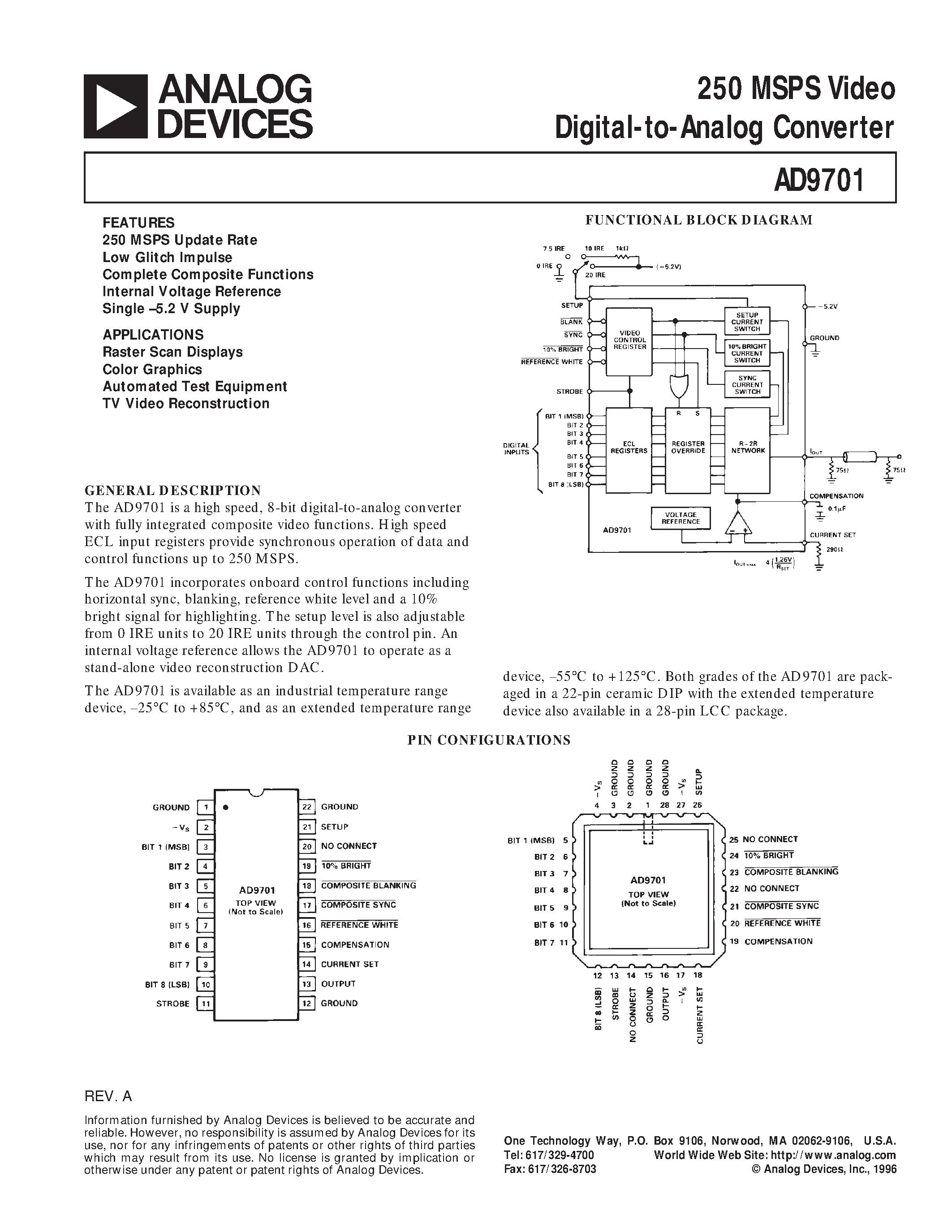 Datasheet AD9701 - 250 MSPS Video Digital-to-Analog Converter page 1