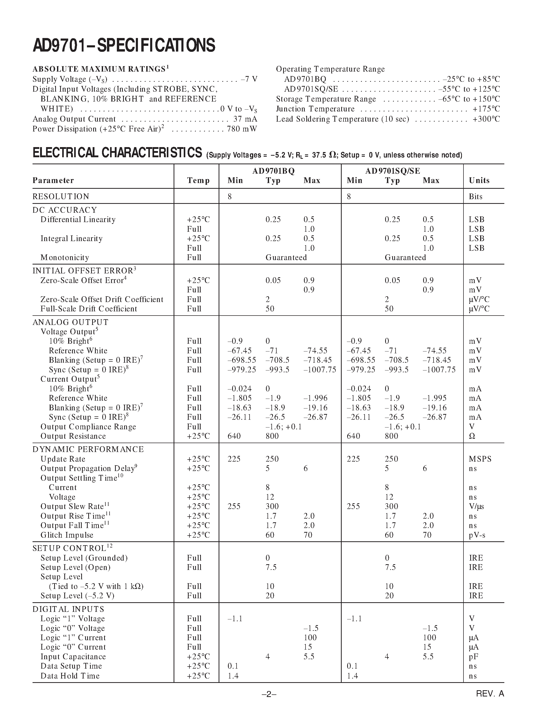 Datasheet AD9701BQ - 250 MSPS Video Digital-to-Analog Converter page 2