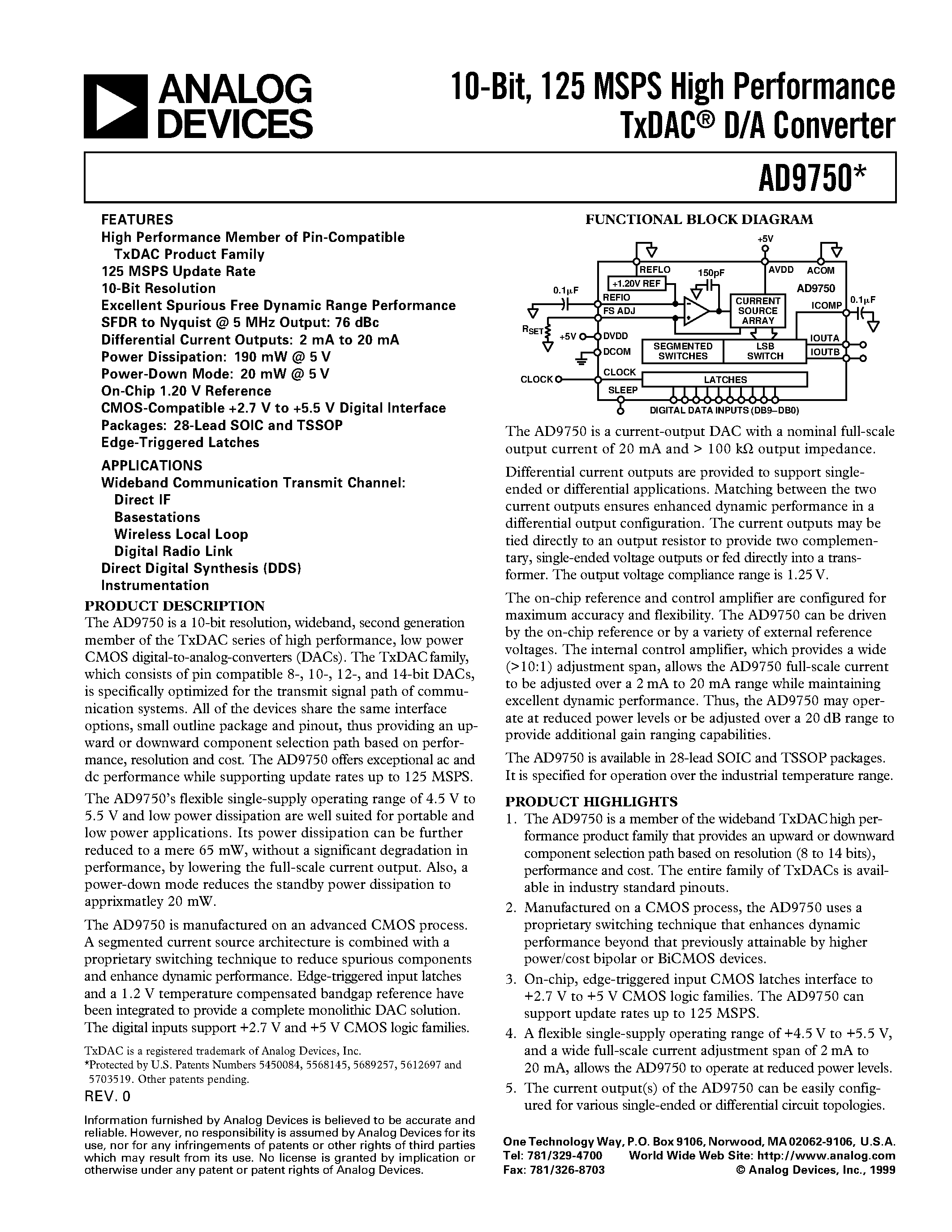 Datasheet AD9750ARU - 10-Bit/ 125 MSPS High Performance TxDAC D/A Converter page 1