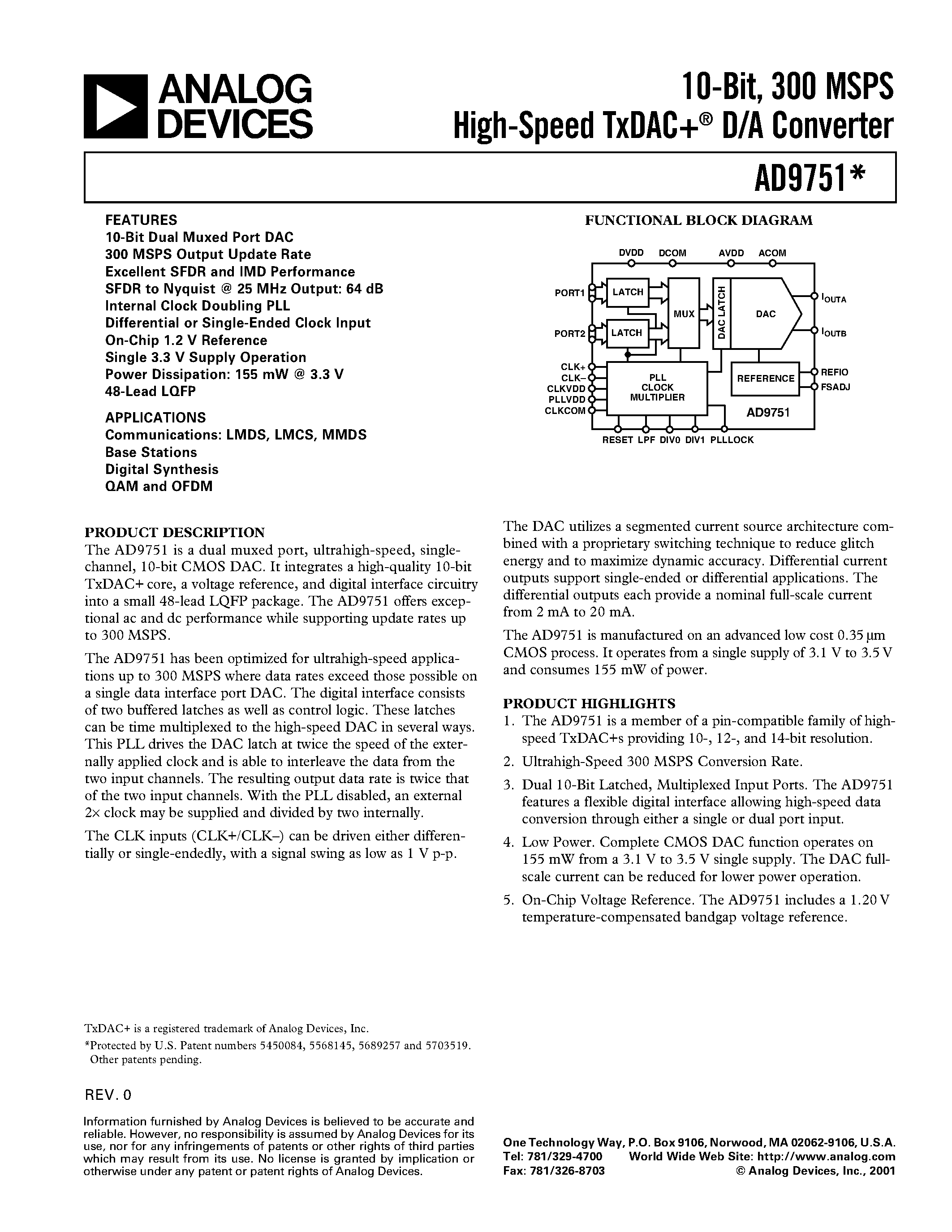 Datasheet AD9751 - 10-Bit/ 300 MSPS High-Speed TxDAC+ D/A Converter page 1