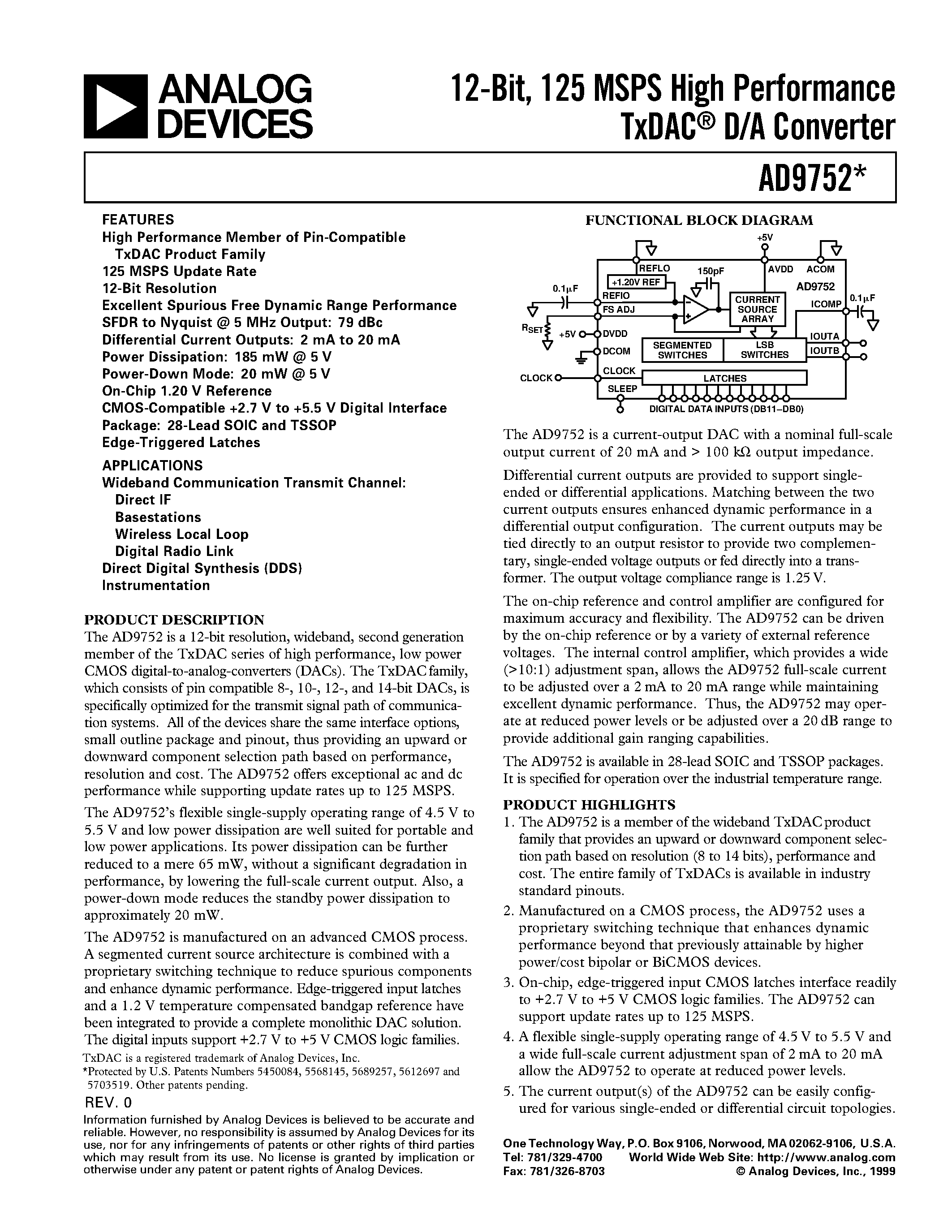 Datasheet AD9752 - 12-Bit/ 125 MSPS High Performance TxDAC D/A Converter page 1