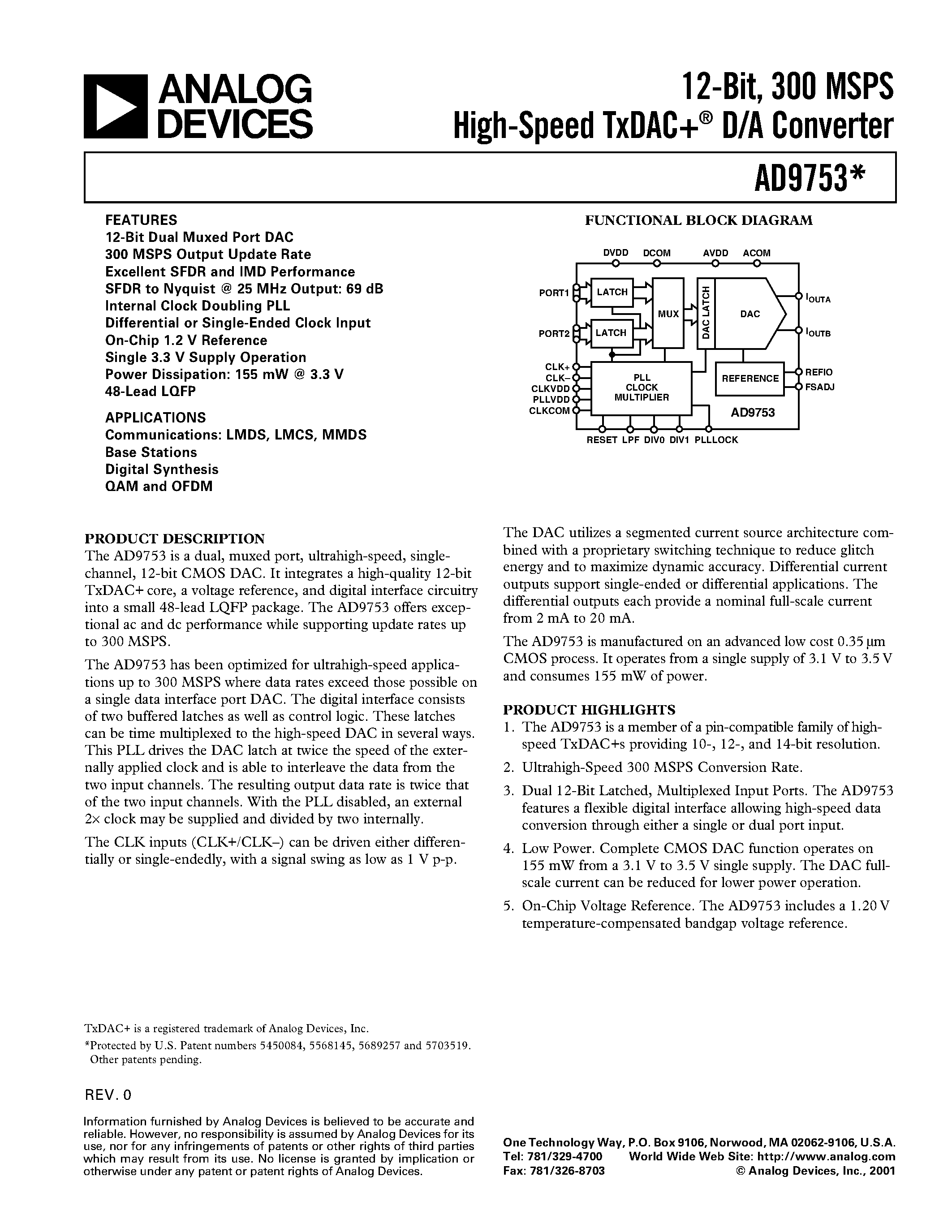 Datasheet AD9753 - 12-Bit/ 300 MSPS High-Speed TxDAC+ D/A Converter page 1