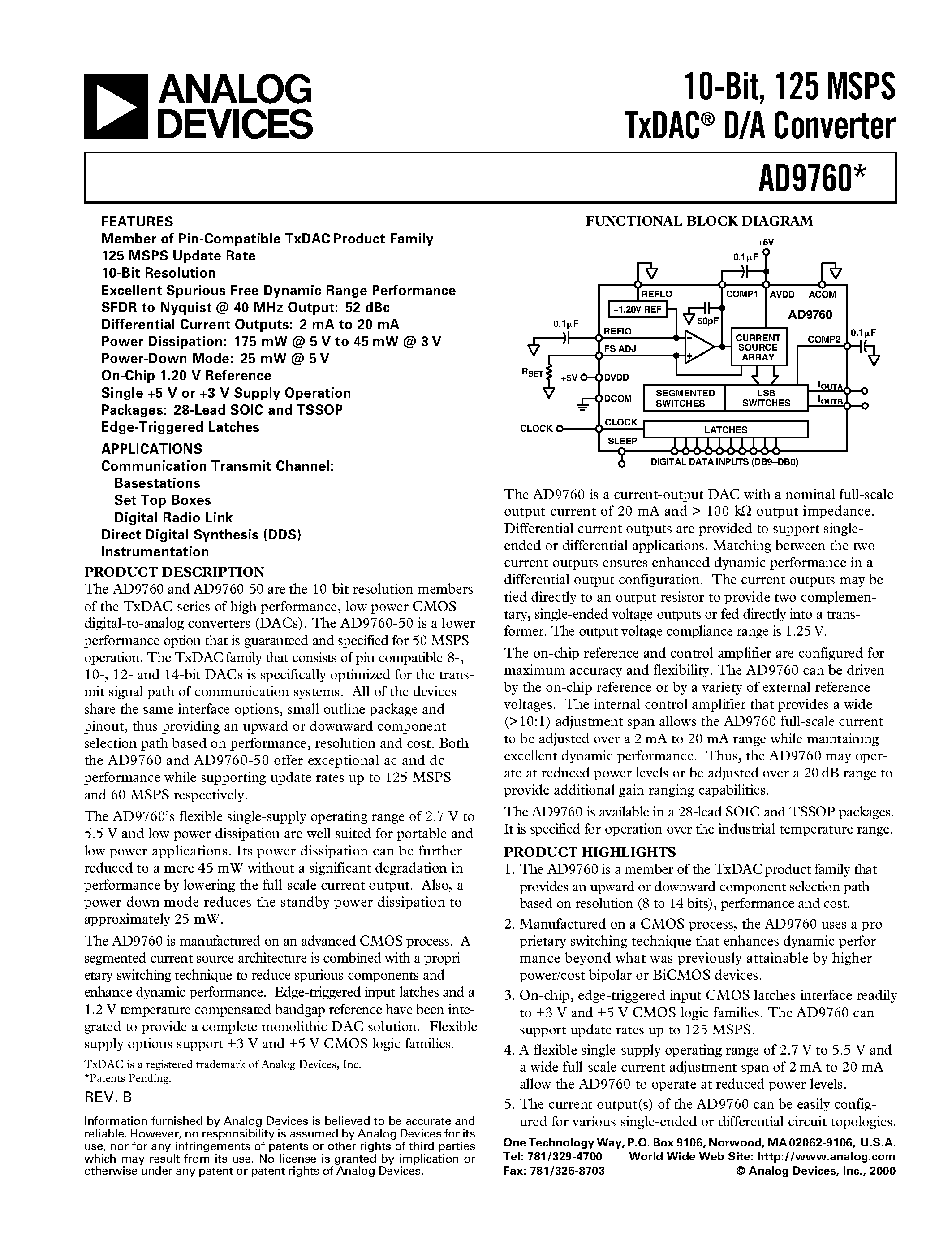 Datasheet AD9760ARU - 10-Bit/ 125 MSPS TxDAC D/A Converter page 1