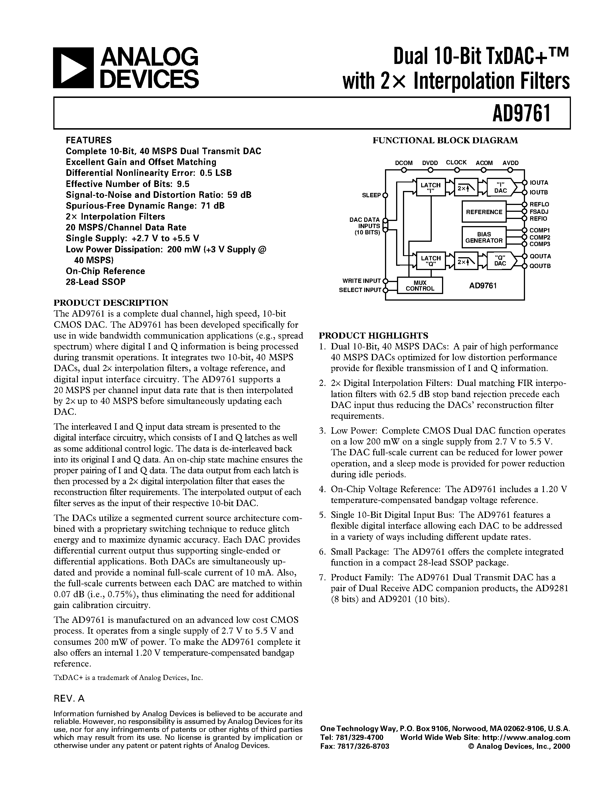 Datasheet AD9761 - Dual 10-Bit TxDAC+ with 2x Interpolation Filters page 1