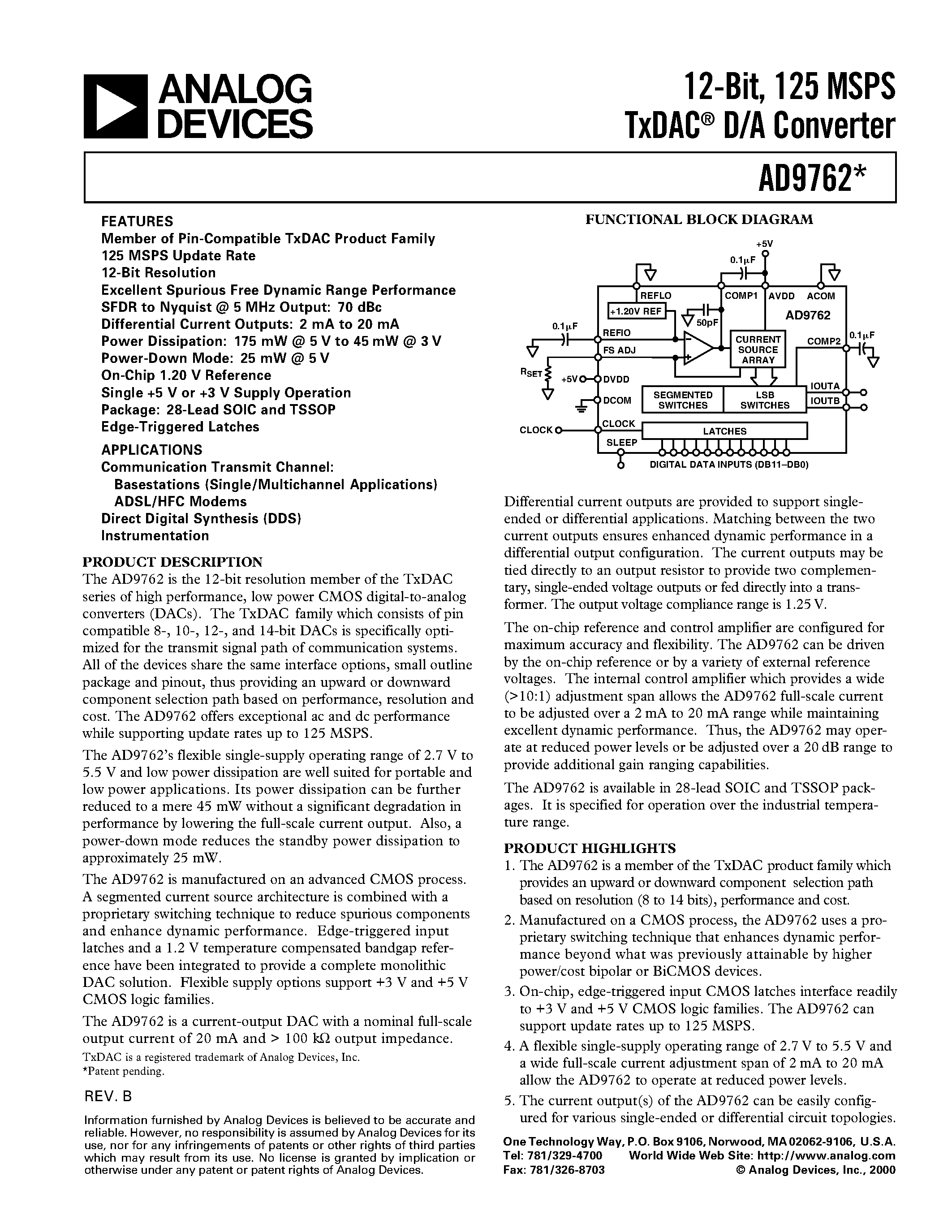 Datasheet AD9762 - 12-Bit/ 125 MSPS TxDAC D/A Converter page 1