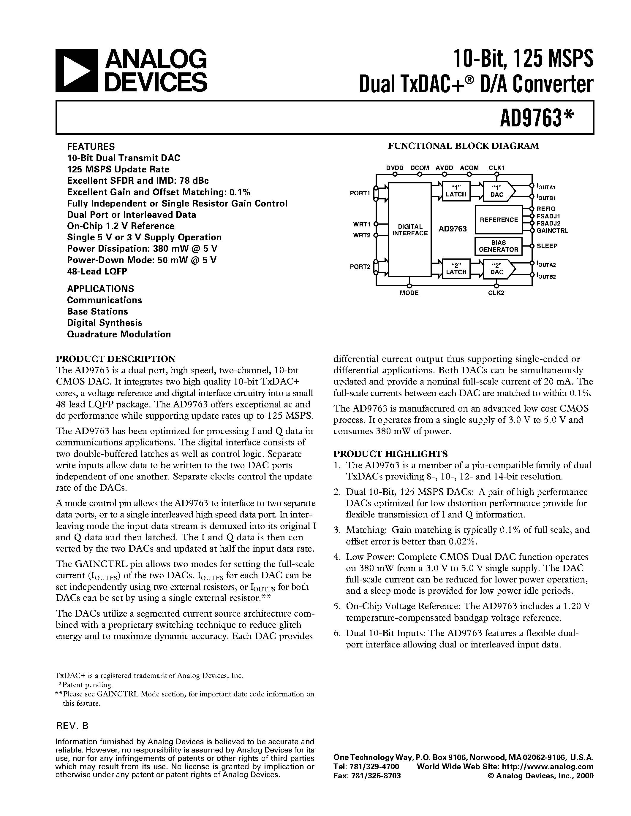 Datasheet AD9763 - 10-Bit/ 125 MSPS Dual TxDAC+ D/A Converter page 1