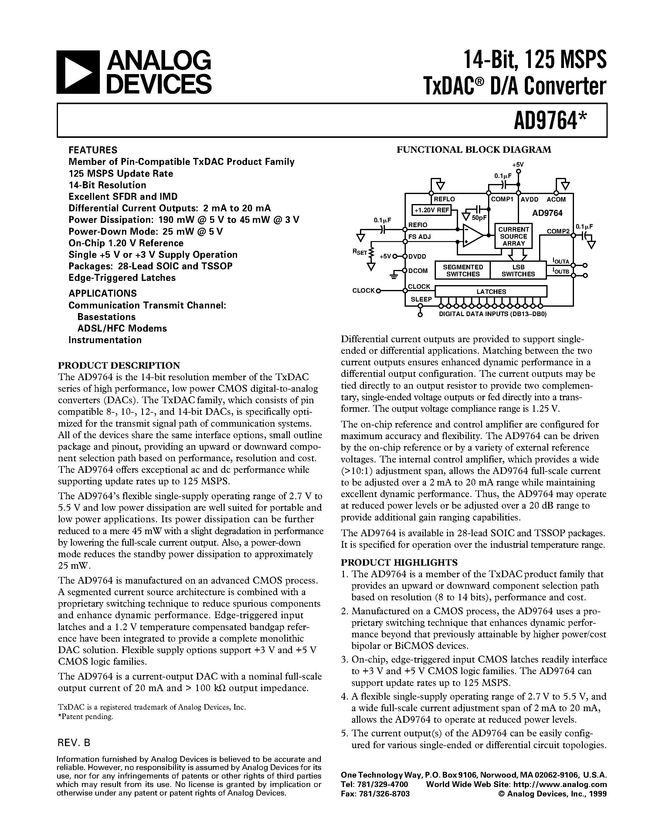 Datasheet AD9764 - 14-Bit/ 125 MSPS TxDAC D/A Converter page 1