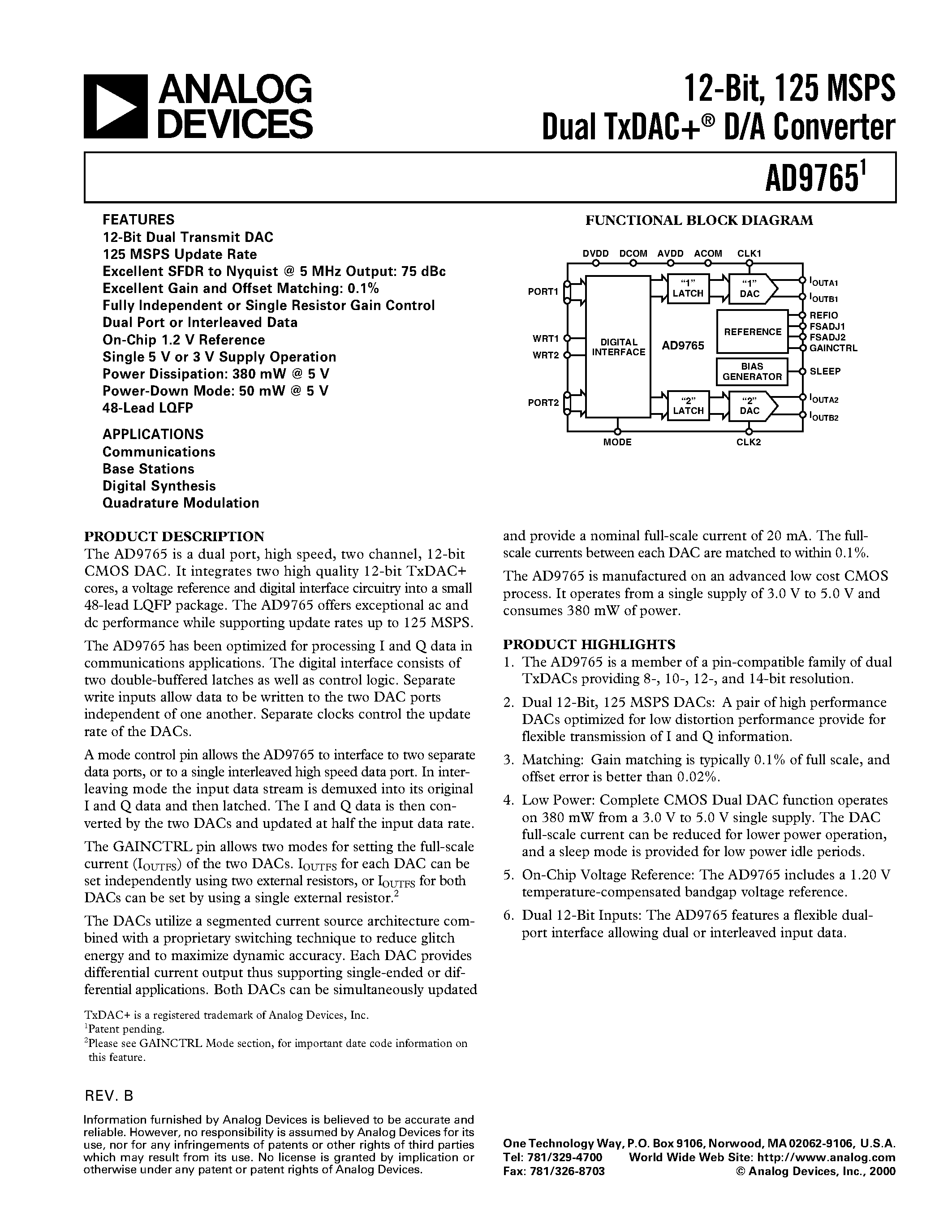 Datasheet AD9765-EB - 12-Bit/ 125 MSPS Dual TxDAC+ D/A Converter page 1