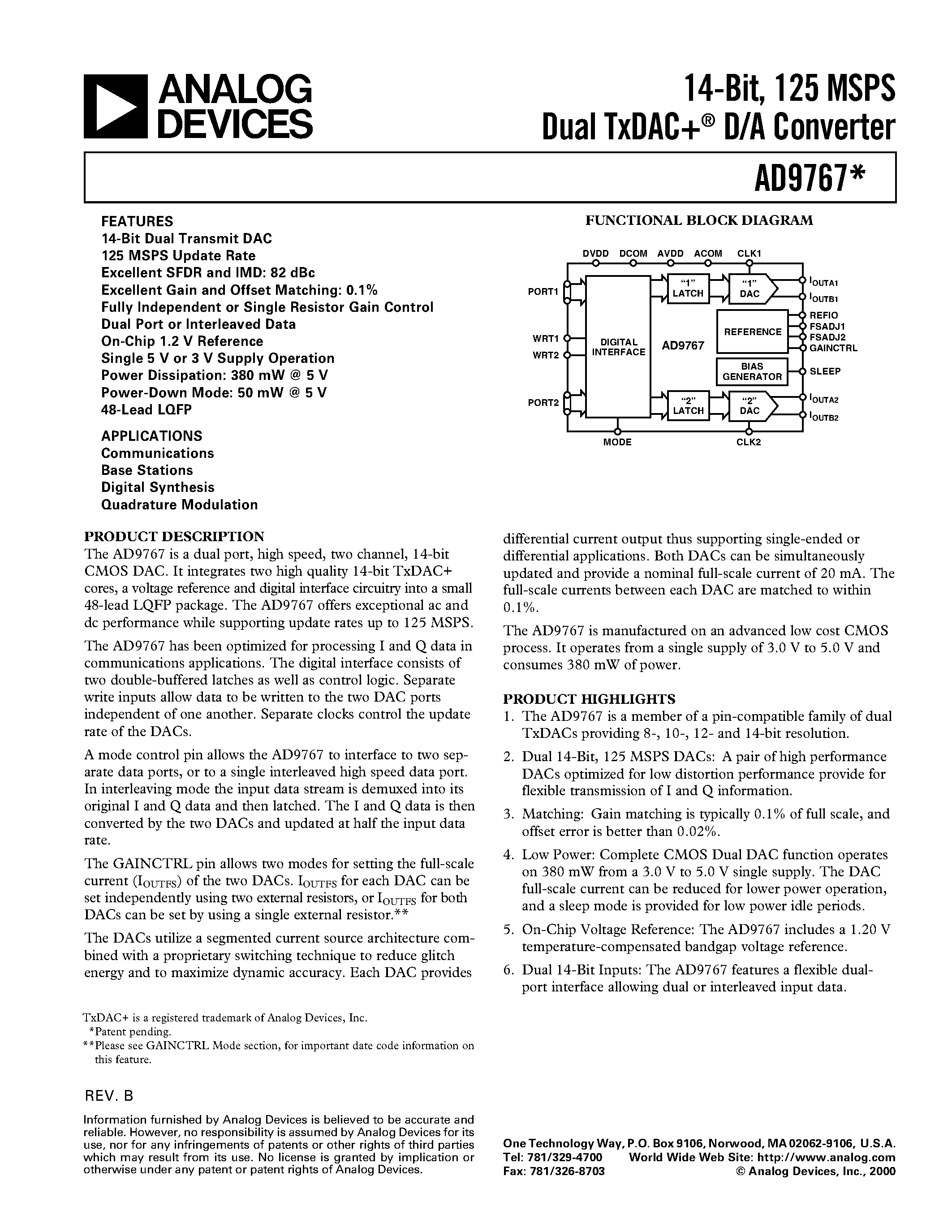 Datasheet AD9767 - 14-Bit/ 125 MSPS Dual TxDAC+ D/A Converter page 1