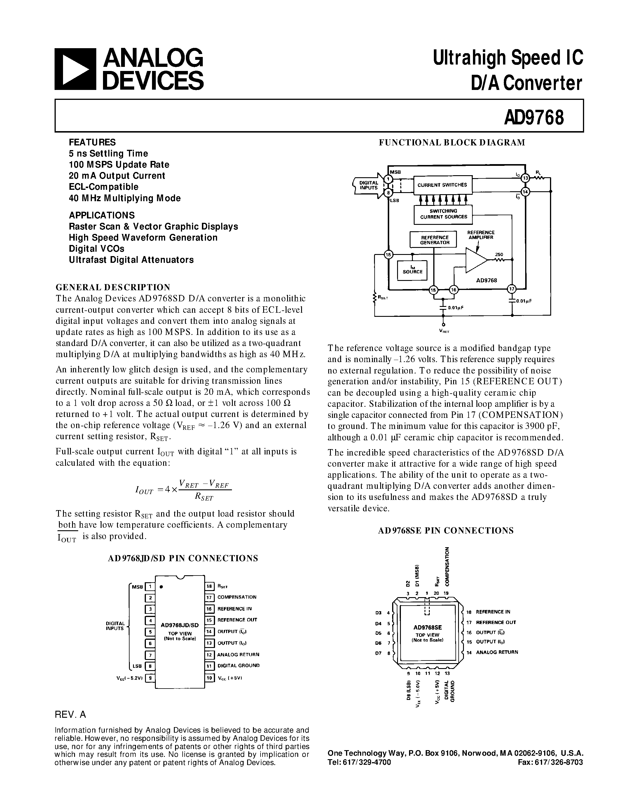 Datasheet AD9768 - Ultrahigh Speed IC D/A Converter page 1