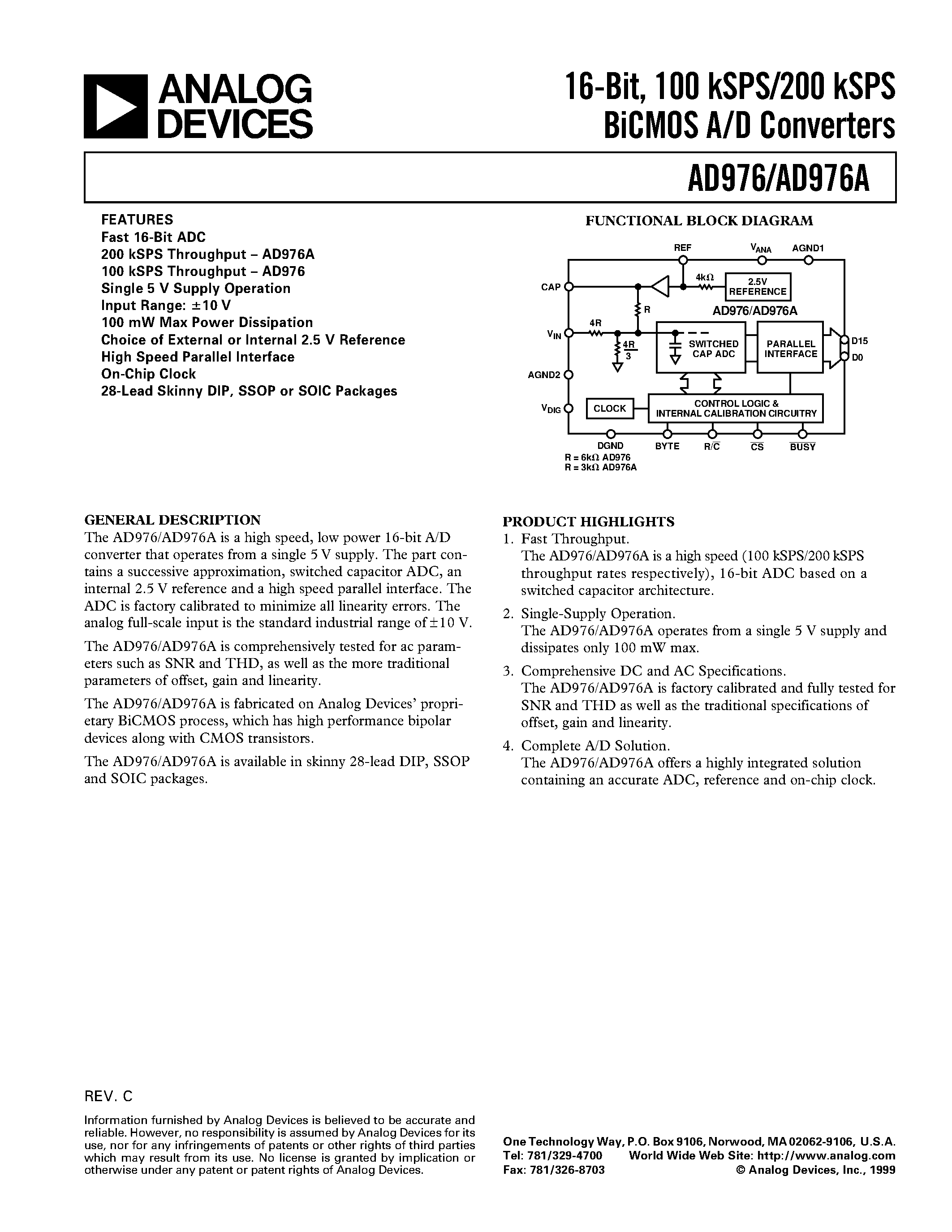 Datasheet AD976A - 16-Bit/ 100 kSPS/200 kSPS BiCMOS A/D Converters page 1