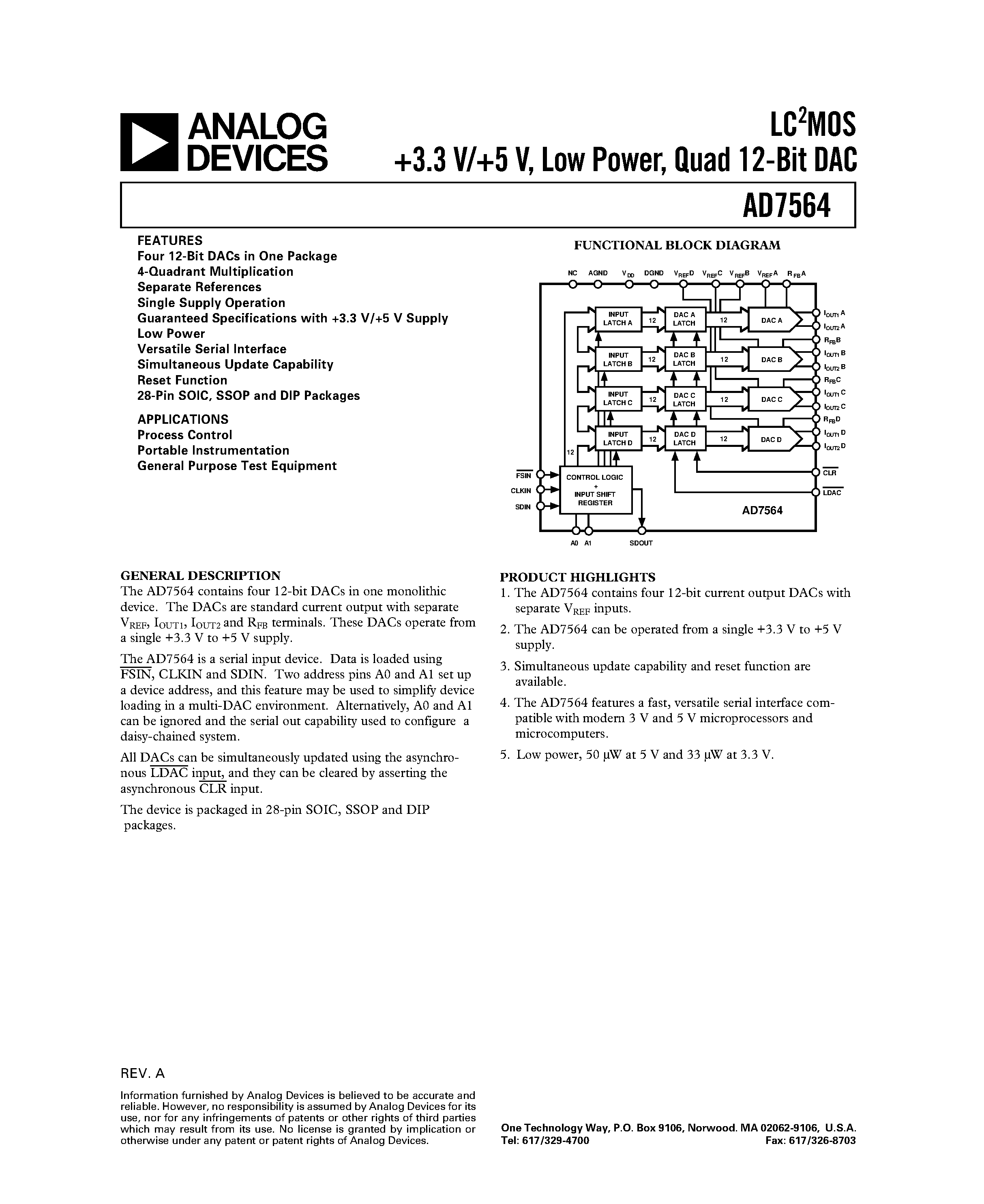 Datasheet AD7564ARS-B - LC2MOS +3.3 V/+5 V/ Low Power/ Quad 12-Bit DAC page 1