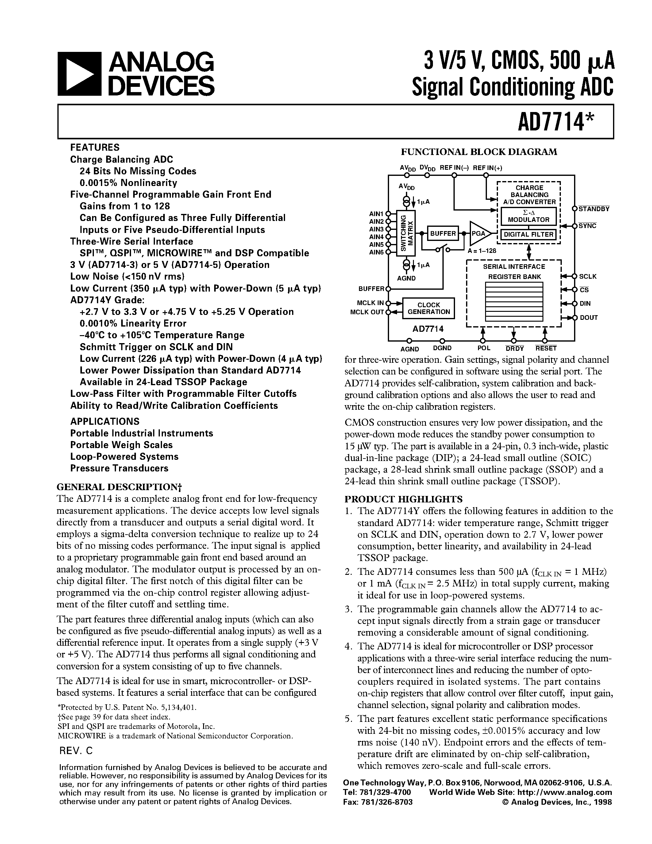 Даташит AD7714AChips-3 - 3 V/5 V/ CMOS/ 500 uA Signal Conditioning ADC страница 1