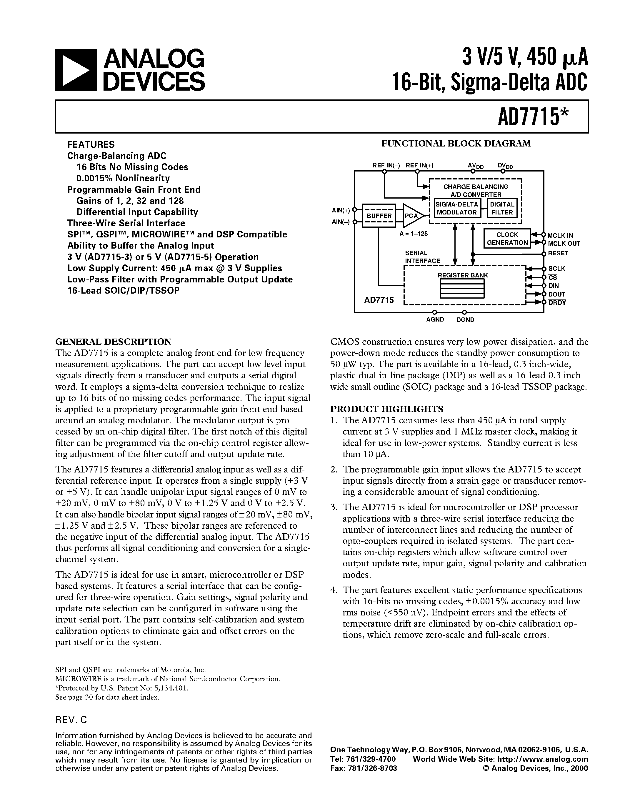 Даташит AD7715AChips-3 - 3 V/5 V/ 450 uA 16-Bit/ Sigma-Delta ADC страница 1