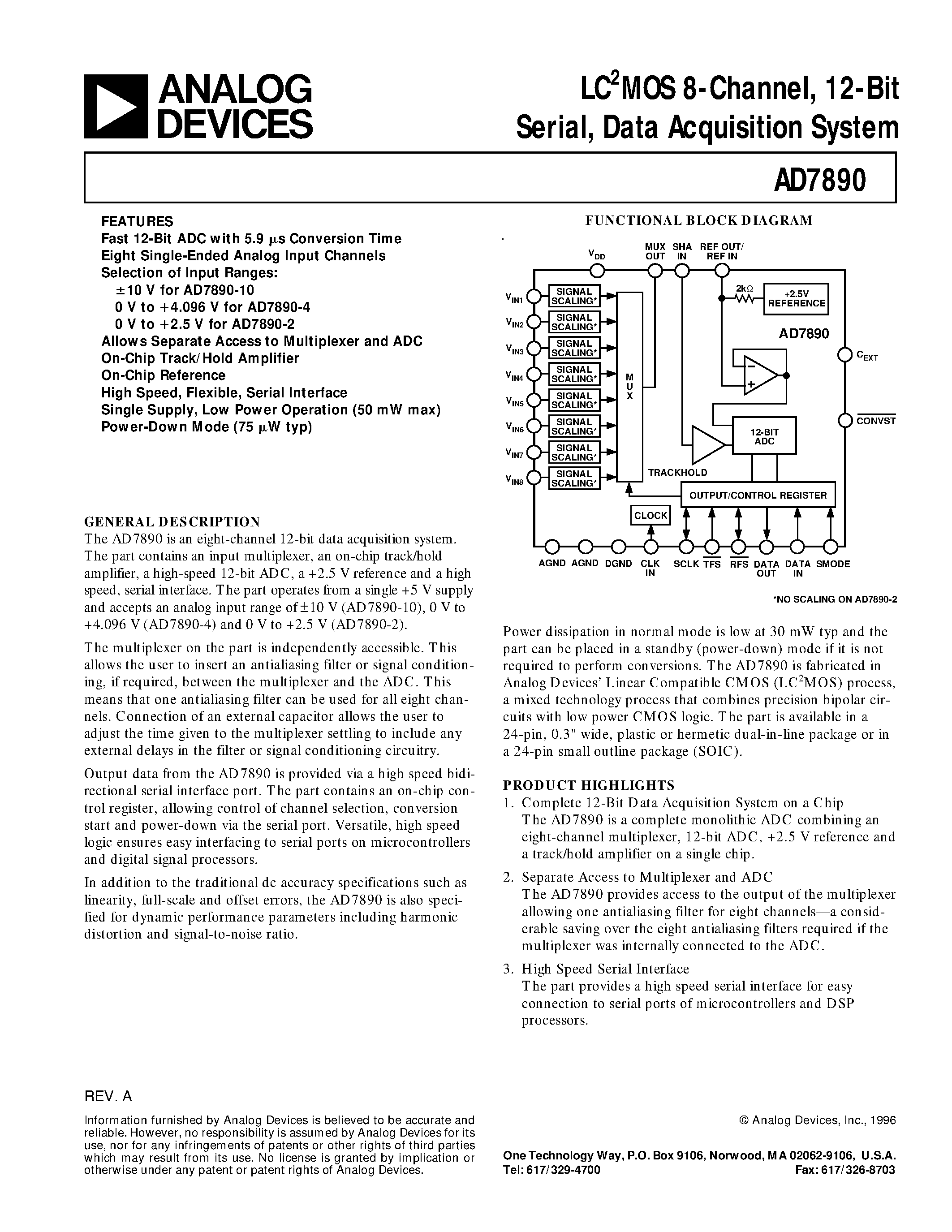 Даташит AD7890AN-4 - LC2MOS 8-Channel/ 12-Bit Serial/ Data Acquisition System страница 1