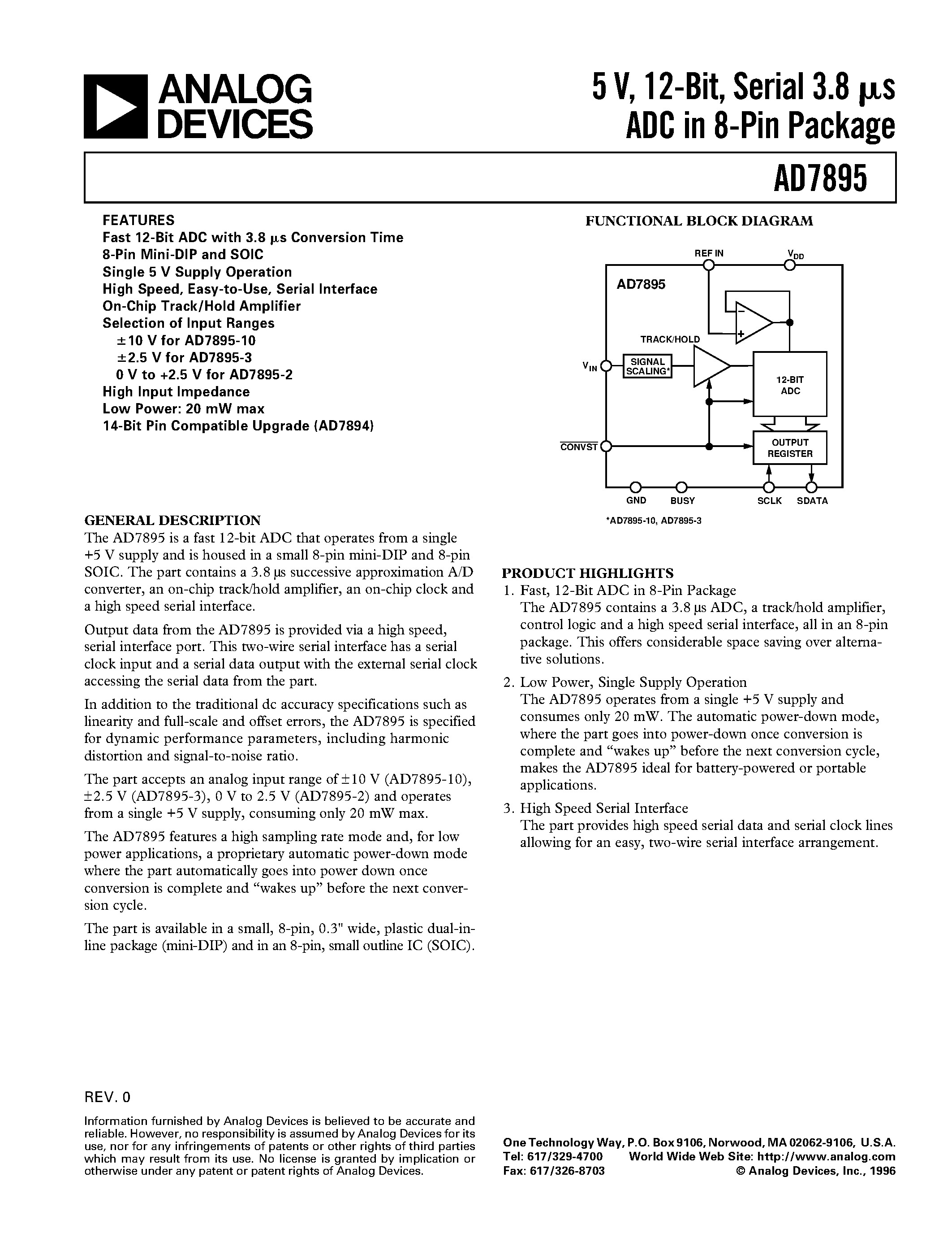 Даташит AD7895AN-3 - 5 V/ 12-Bit/ Serial 3.8 ms ADC in 8-Pin Package страница 1