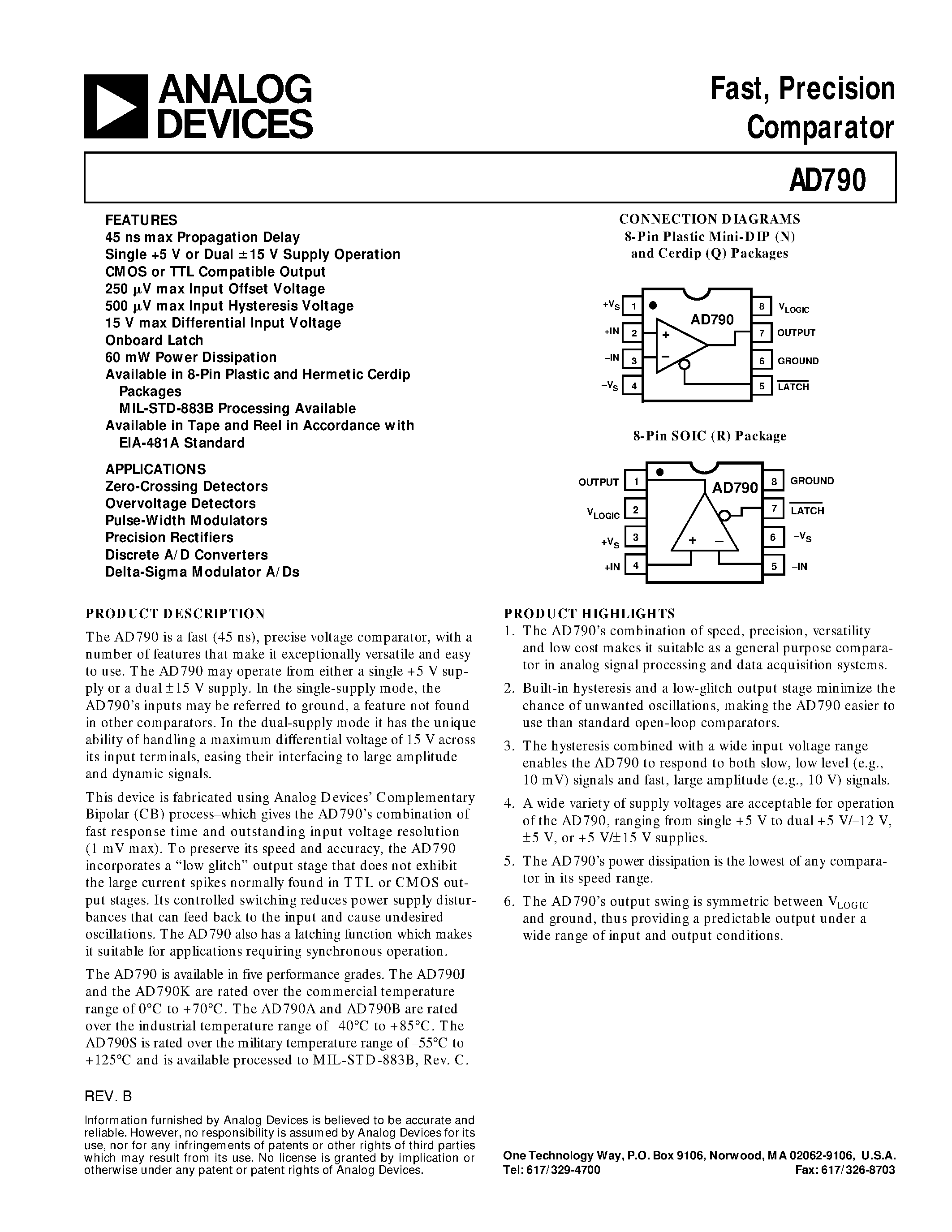 Даташит AD790AQ - Fast/ Precision Comparator страница 1