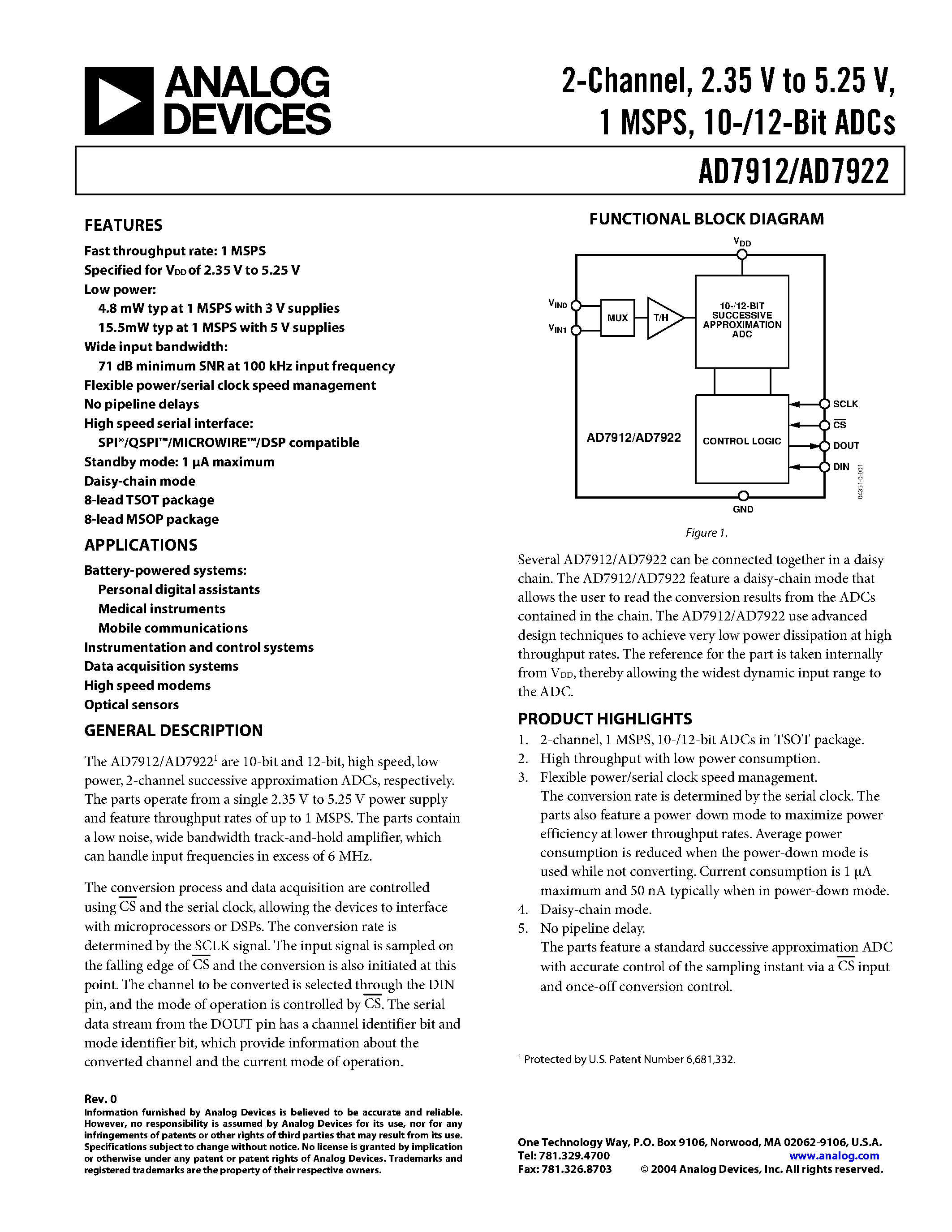 Даташит AD7912 - 2-Channel/ 2.35 V to 5.25 V/ 1 MSPS/ 10-/12-Bit ADCs страница 1