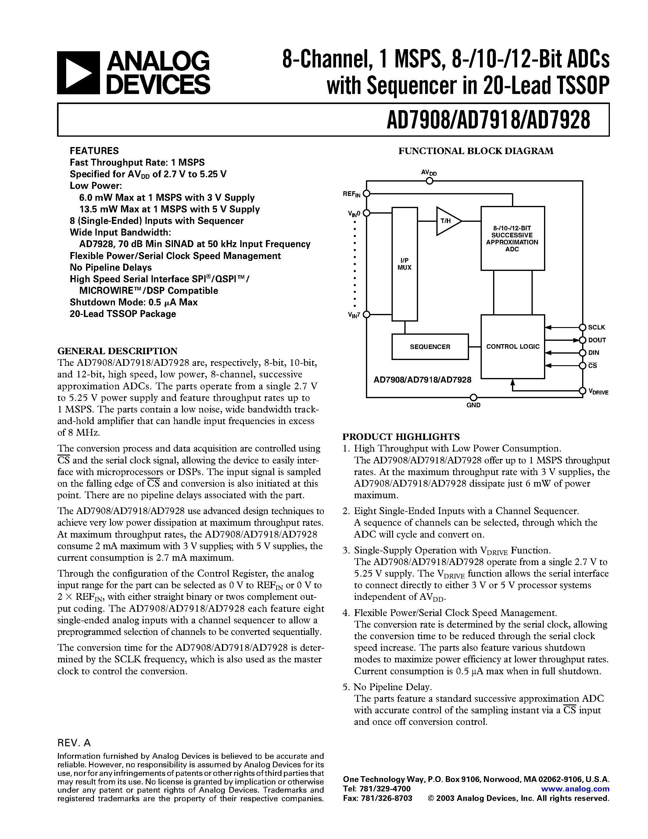 Даташит AD7918 - 8-Channel/ 1 MSPS/ 8-/10-/12-Bit ADCs with Sequencer in 20-Lead TSSOP страница 1