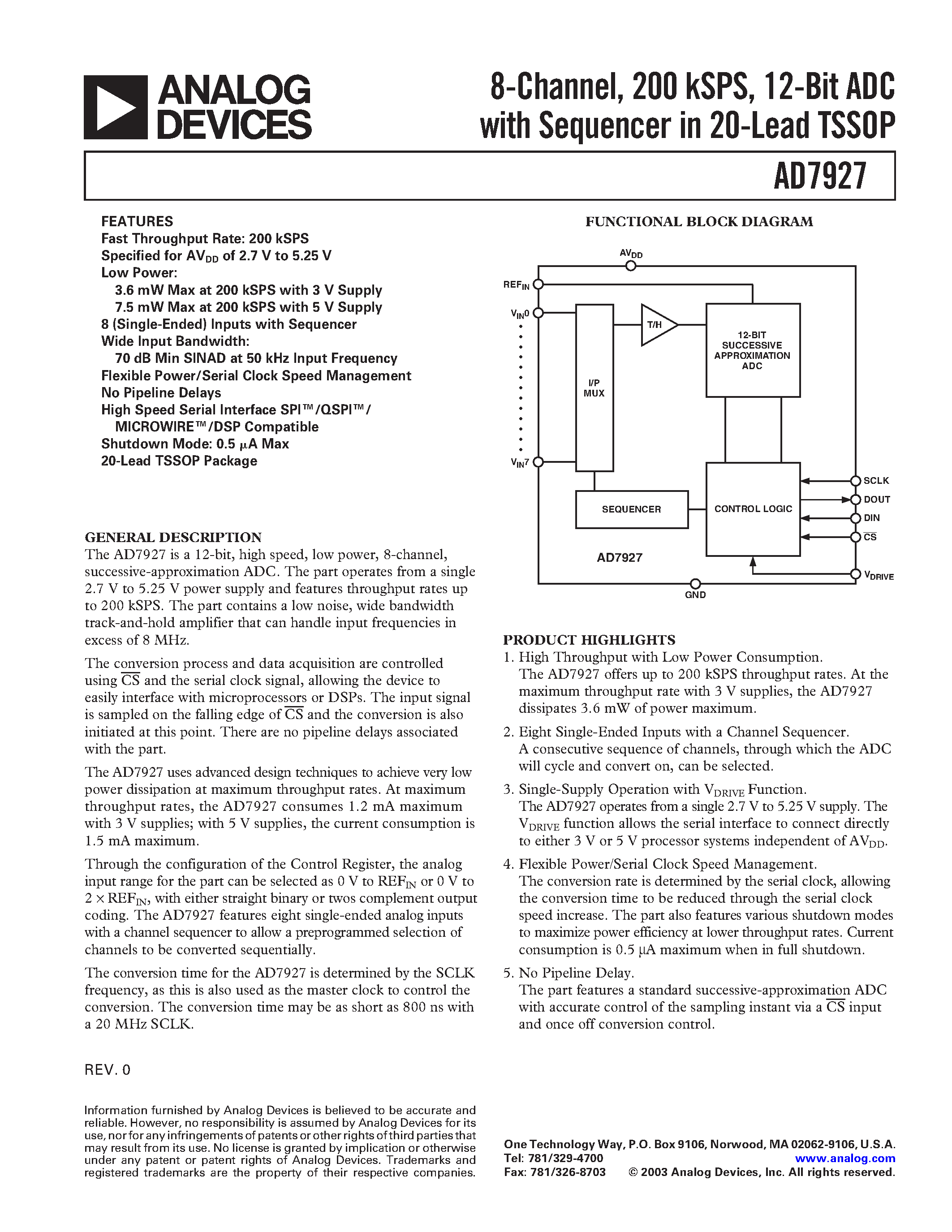 Даташит AD7927 - 8-Channel/ 200 kSPS/ 12-Bit ADC with Sequencer in 20-Lead TSSOP страница 1